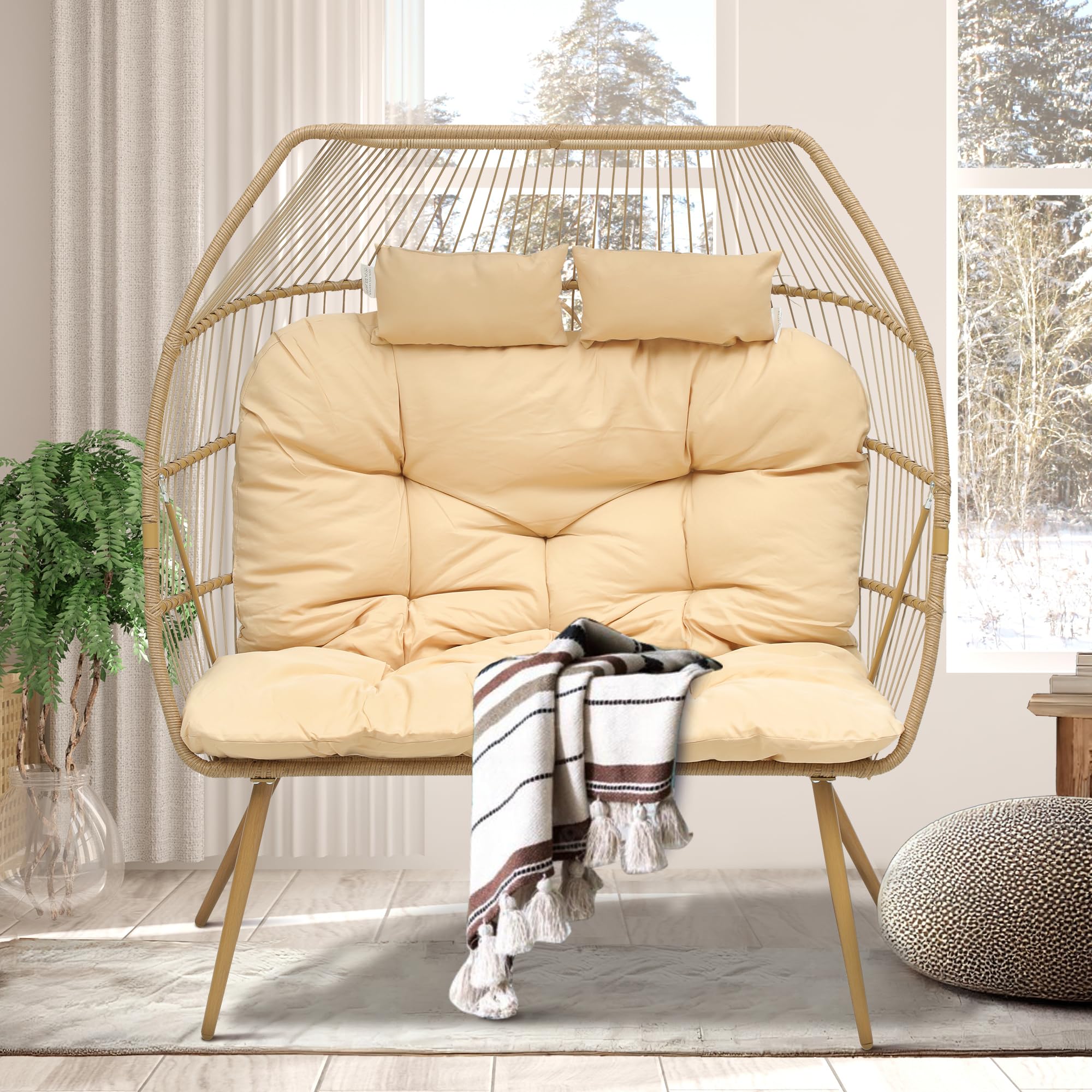YITAHOME Oversized Double Egg Chair with Padded Cushions - Indoor/Outdoor Wicker Loveseat, Extra Large Lounge Chair for Patio, Bedroom, Garden & Balcony - Supports 510lbs - Beige - Perfect for Relaxing, Reading & Sunbathing