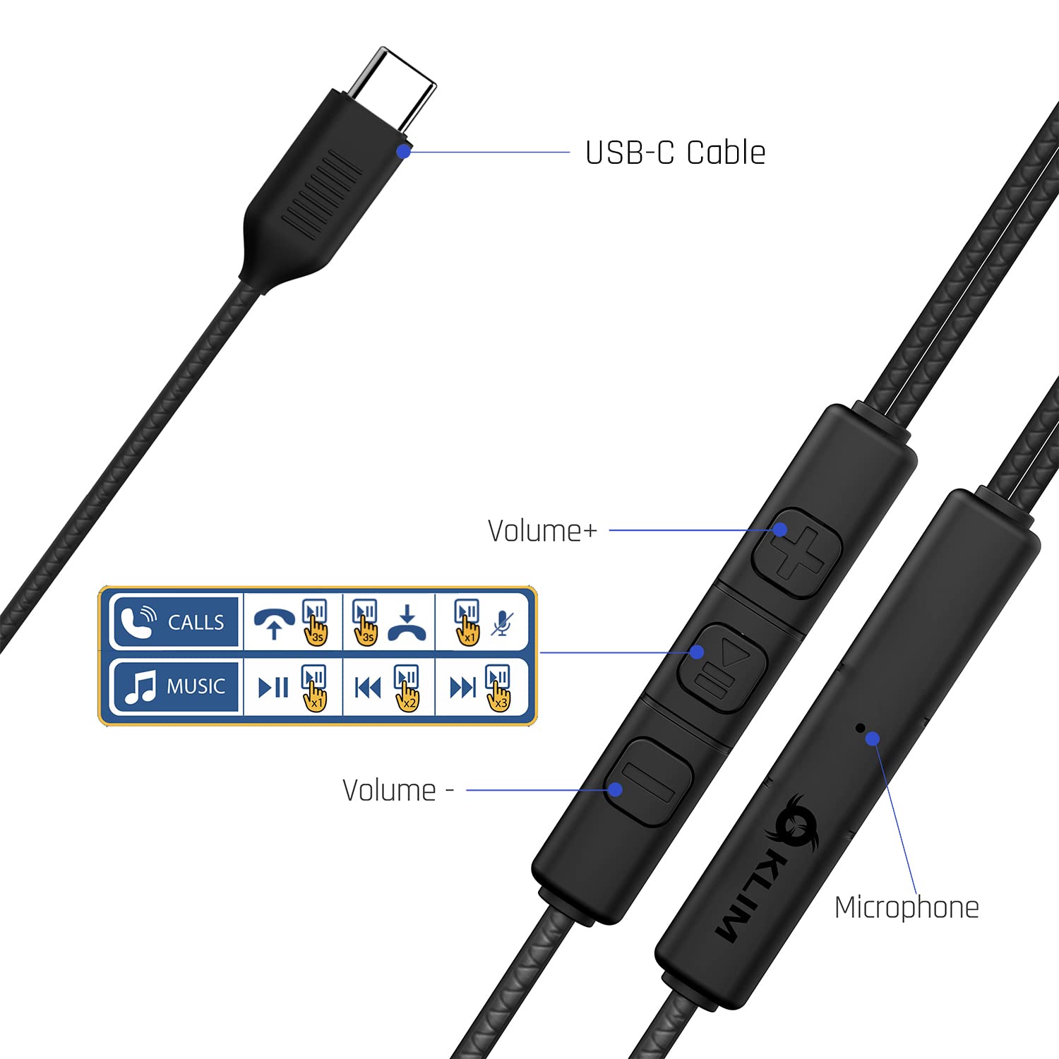 KLIM F1 USB C Wired Earphones with Microphone - High Quality Sound, Noise Cancelling, Durable Design - Compatible with Huawei, Sony, Samsung & More - Perfect for Gaming, Travel & Work Calls (5-Year Warranty)