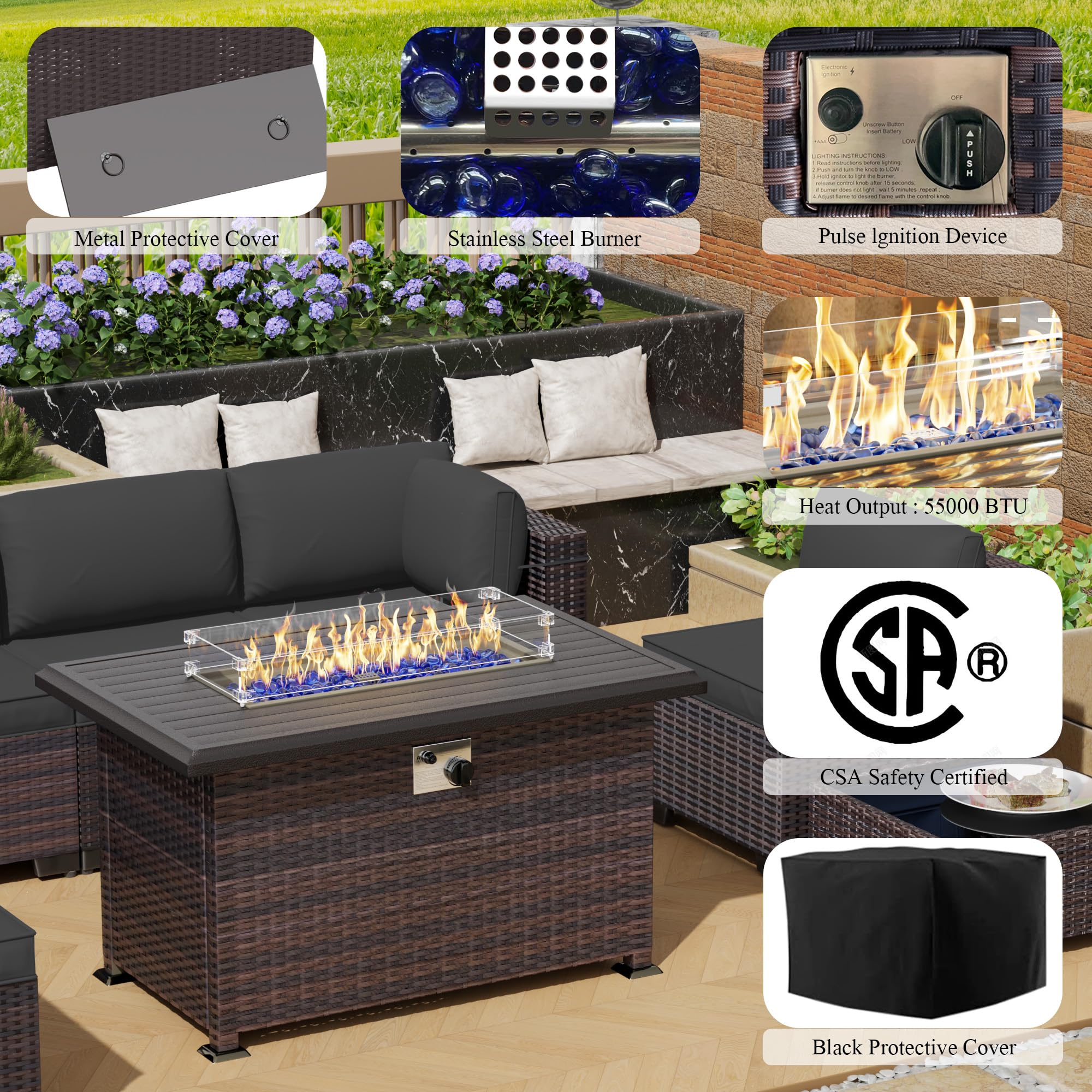 15-Piece Outdoor Patio Furniture Set with Propane Fire Pit Table - ETL Approved 43