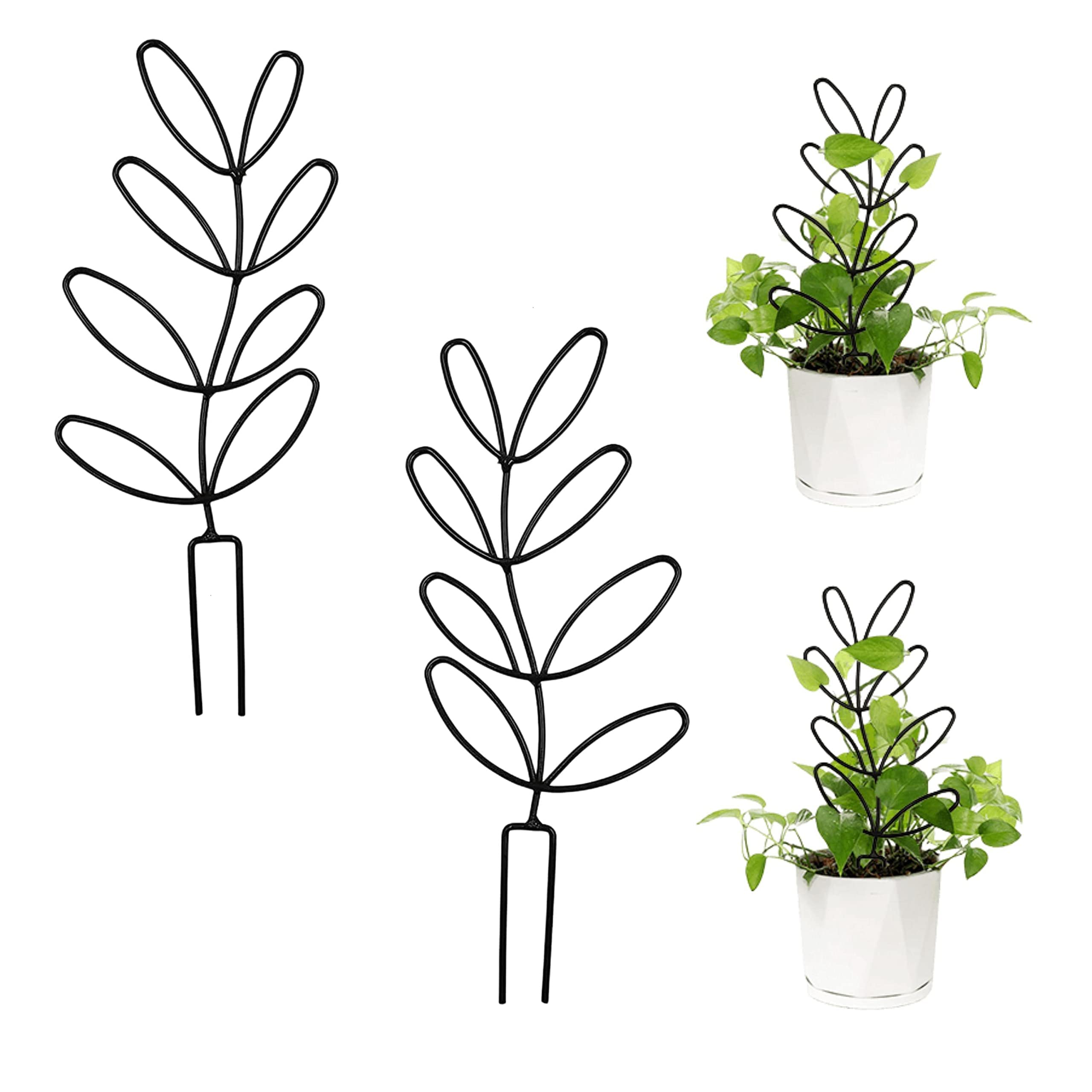 2 Pack Small Leaf Shaped Plant Trellis - 13.7 Inch Indoor Climbing Plant Support for Potted Plants, Metal Wire Stake for Houseplants & Garden (Black) - Perfect for Vining Plants, Flowers & Indoor Gardening