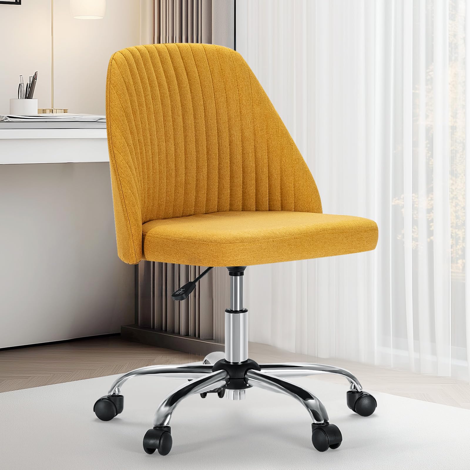 Sweetcrispy Armless Office Chair - Modern Fabric Swivel Desk Chair with Wheels & Adjustable Height, Ergonomic Computer Task Chair for Home Office, Small Spaces | Perfect for Workstations, Gaming & Vanity Areas