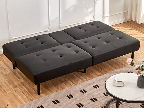 Black Faux Leather Sofa Bed with Cup Holders - Convertible Sleeper Sofa for Small Spaces, Living Room & Guest Room Furniture