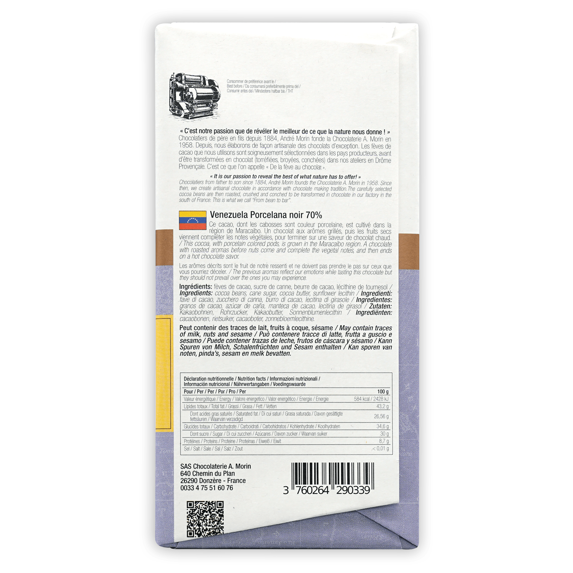 A. Morin Venezuela Porcelana 70% Dark Chocolate Bar - Premium Single Origin Cacao for Baking, Gifts & Gourmet Desserts