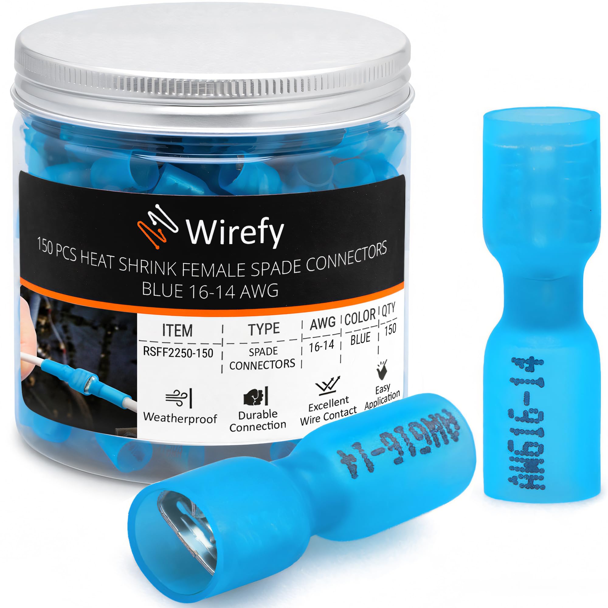 Wirefy 150 PCS Female Spade Connectors - 16-14 Gauge Heat Shrink Quick Disconnect Electrical Terminals (Blue) for Automotive, Marine & Home Wiring Applications