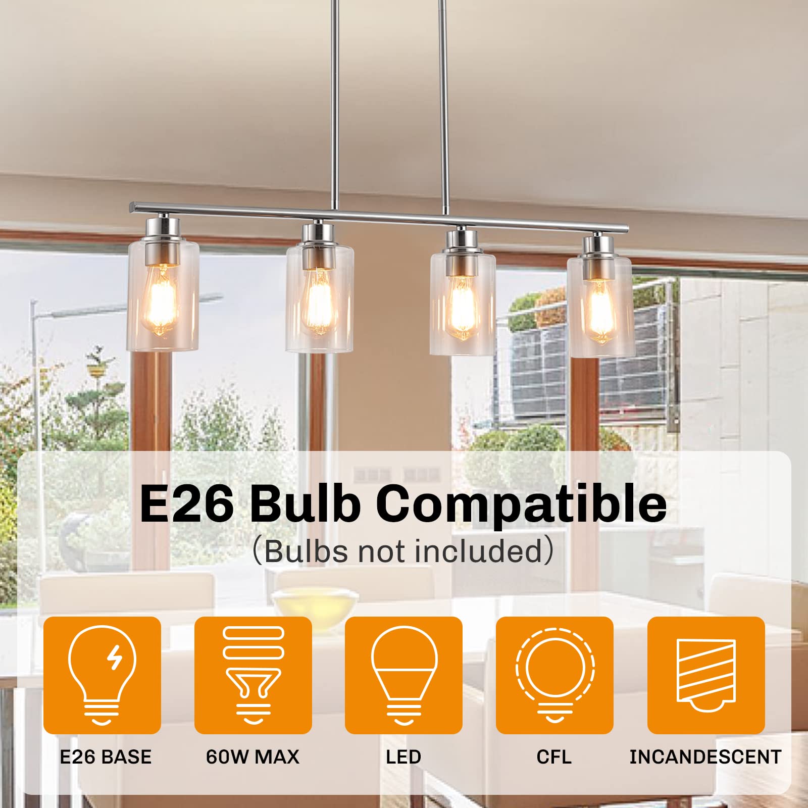 Farmhouse 4-Light Pendant Lighting for Kitchen Island - Brushed Nickel with Clear Glass Shade - Perfect for Dining Room, Living Room & Kitchen Island Lighting Decor
