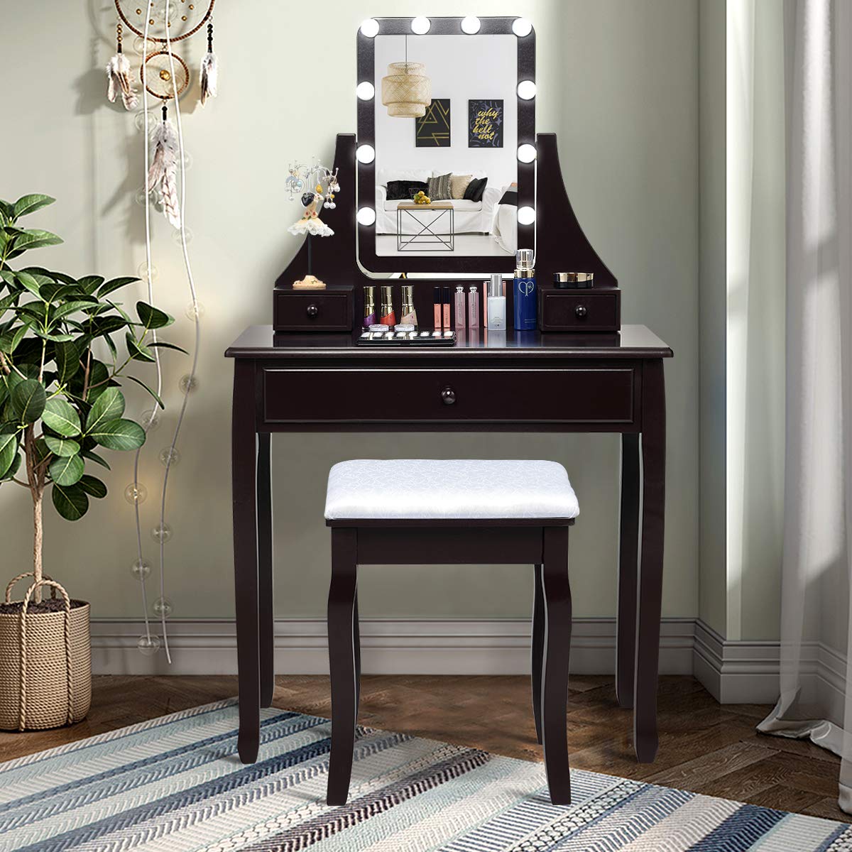 Charmaid Vanity Set with Lighted Mirror - 10 LED Dimmable Bulbs Makeup Dressing Table with 3 Drawers & 2 Dividers, Modern Bedroom Vanity Desk with Stool for Women & Girls (Espresso) - Perfect for Makeup Application, Skincare Routine & Bedroom Decor