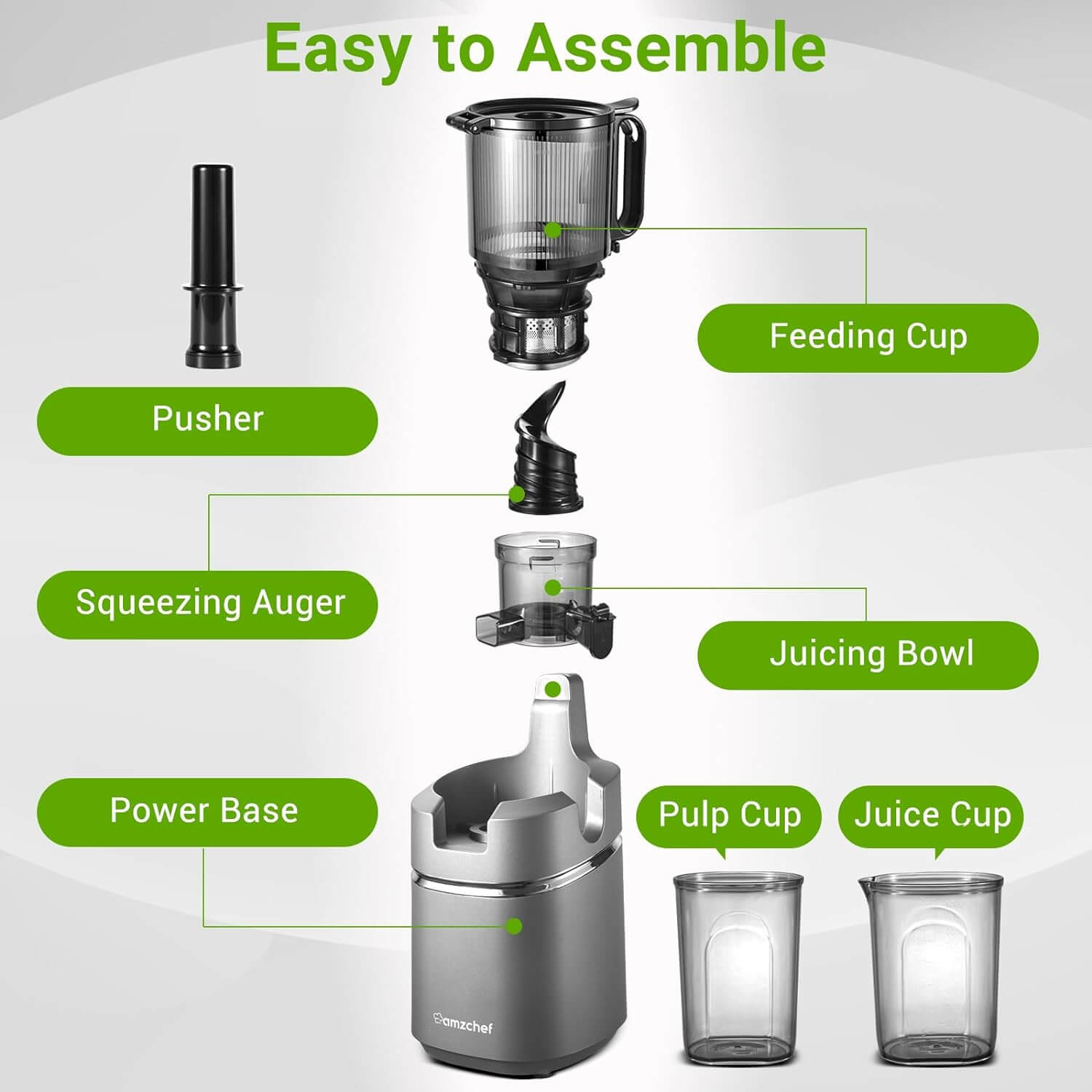 AMZCHEF Slow Masticating Juicer - 5.3 Inch Wide Chute for Whole Fruits & Vegetables - Cold Press Juice Extractor for Healthy Drinks - Perfect for Smoothies, Detox Juices & Baby Food Prep