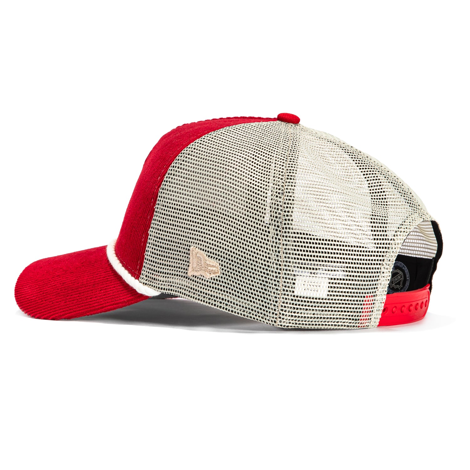 New Era 9Forty A-Frame Corduroy Rope Snapback Trucker Hat with New Jersey Devils Logo Patch - Red & Stone | Official MLB Licensed Cap for Baseball Fans, Streetwear Fashion & Casual Outfits