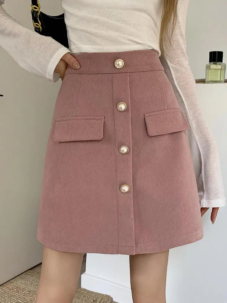 Black & Pink Corduroy High Waisted Mini Skirt for Women - Korean Fashion A-Line Short Skirt in Brown (Large Size) | Fall Winter Trendy Outfit for Dating, Office & Casual Wear