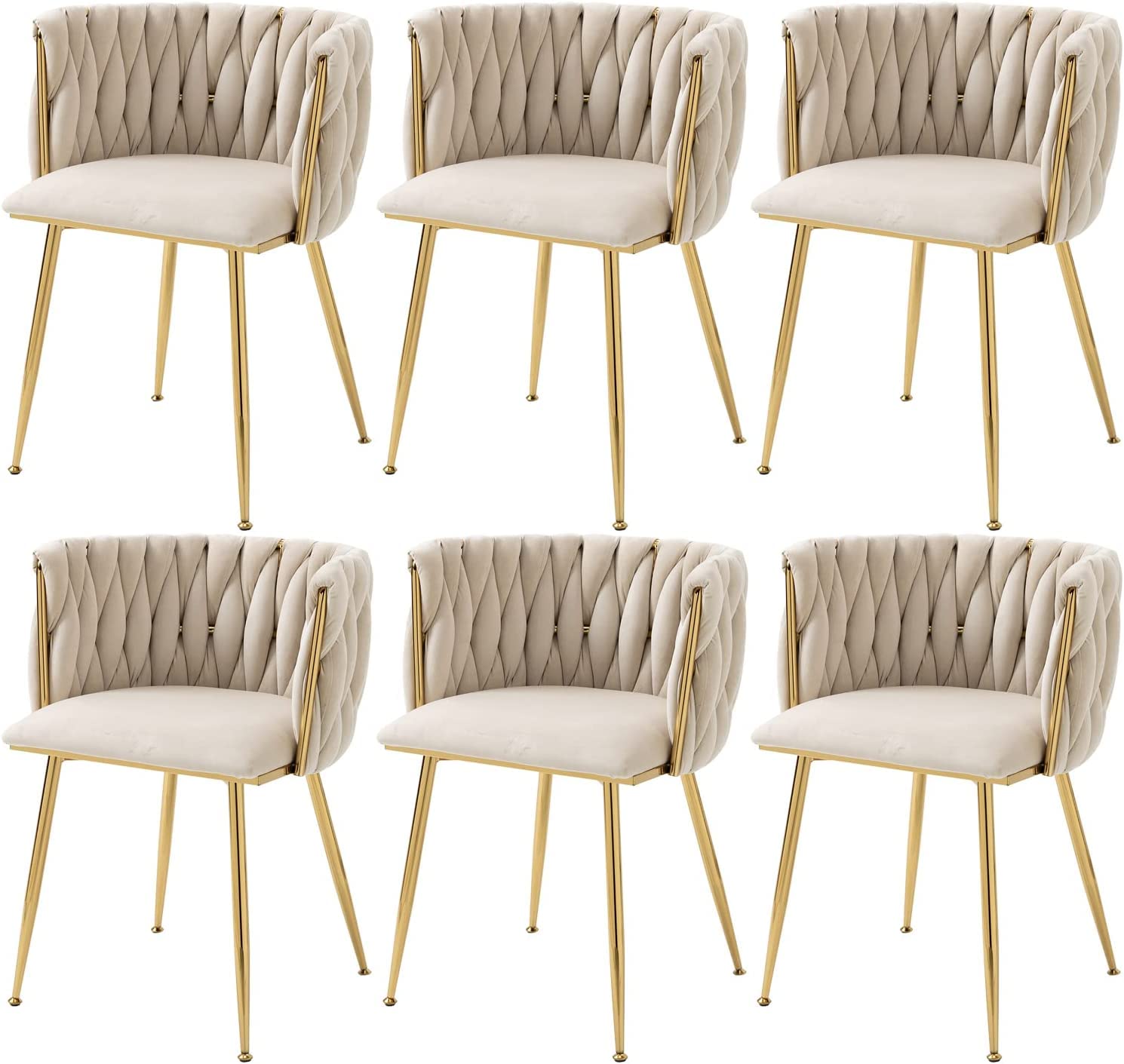 Nrizc 6-Piece Woven Dining Chair Set - Velvet Upholstered Modern Chairs with Gold Metal Legs for Dining Room, Kitchen & Living Room - Beige Accent Chairs | Perfect for Home Decor, Dinner Parties & Cozy Gatherings