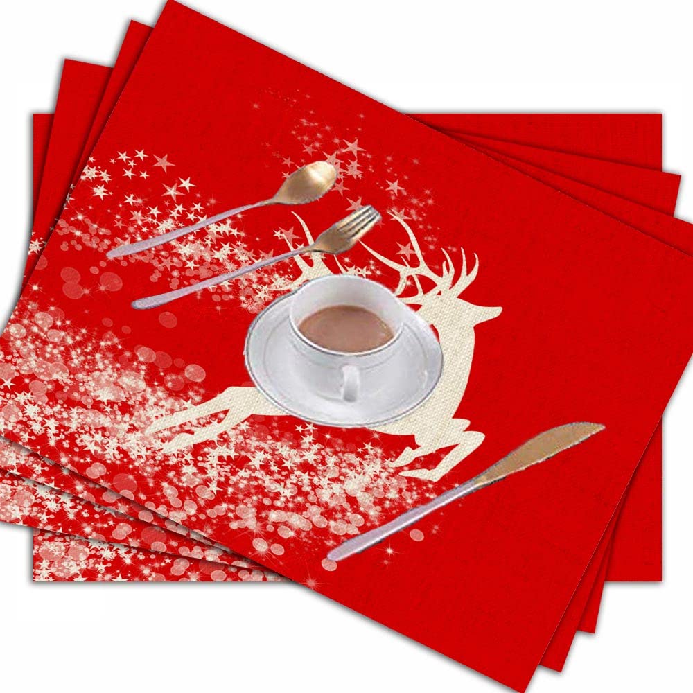Jesmacti Christmas Reindeer Placemats Set of 4 - 18x12 Inch Red Holiday Dining Mats for Festive Indoor Decor & Dinner Parties - Perfect for Christmas Tablescapes, Family Gatherings & Seasonal Home Decor
