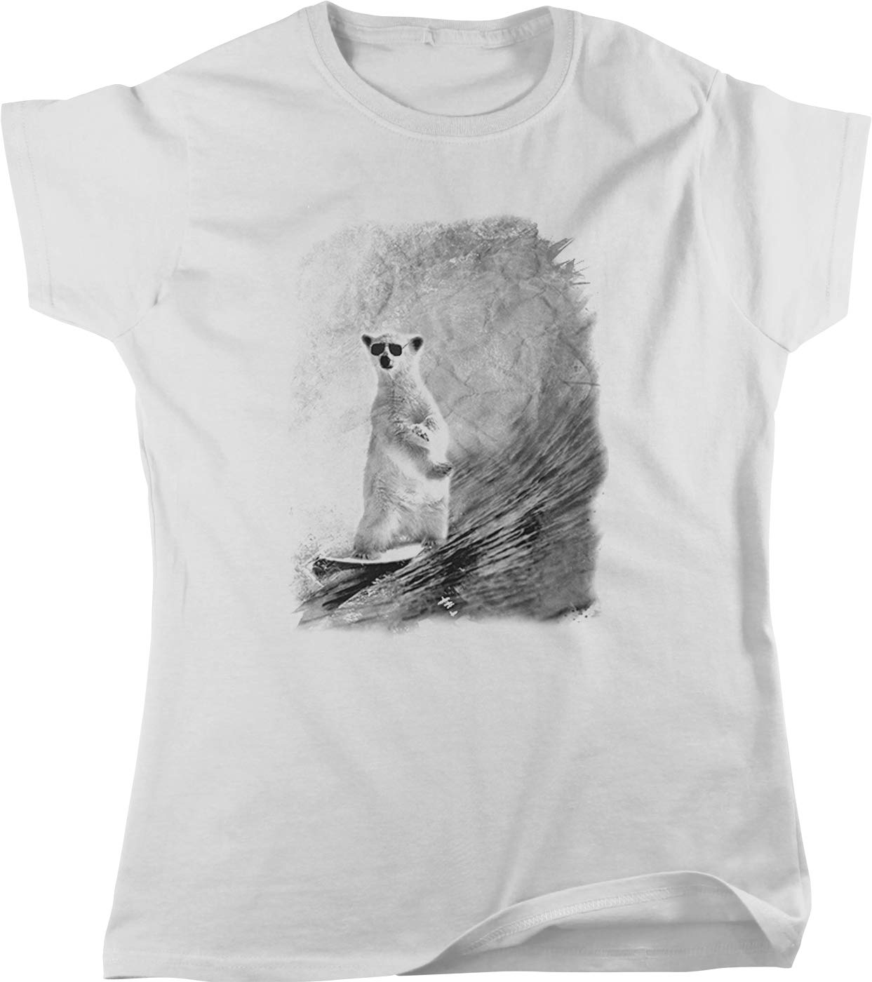 Surfing Polar Bear Wearing Sunglasses Graphic Women's T-Shirt | Funny Animal Print Tee for Beach & Summer Outfits