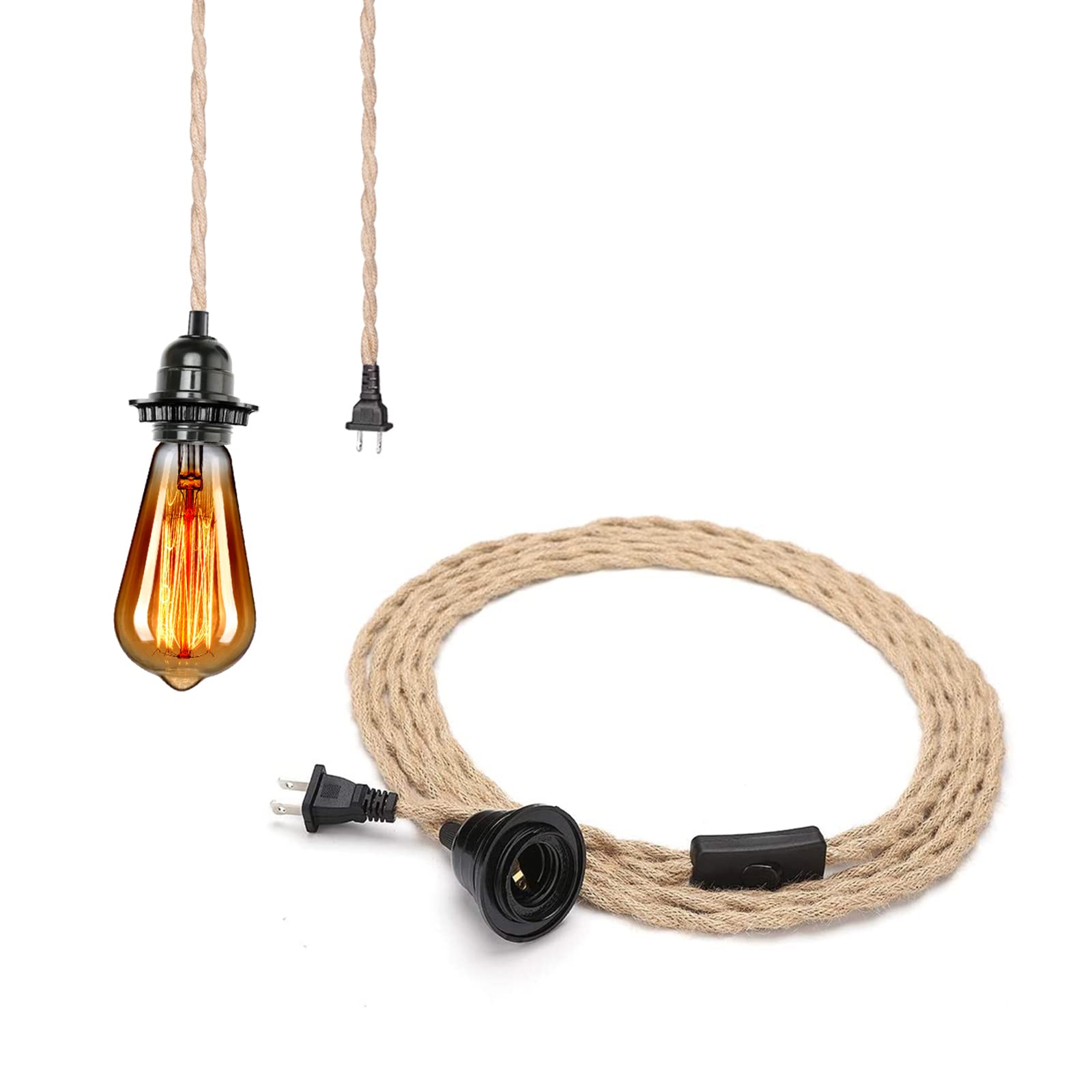 15ft Industrial Pendant Light Cord with Plug & Switch - Vintage E26 Twisted Hemp Rope Hanging Light Kit - Farmhouse Pendant Lighting Extension Cable for DIY Home Decor - Perfect for Kitchen Islands, Dining Rooms & Bedroom Ceiling Lights