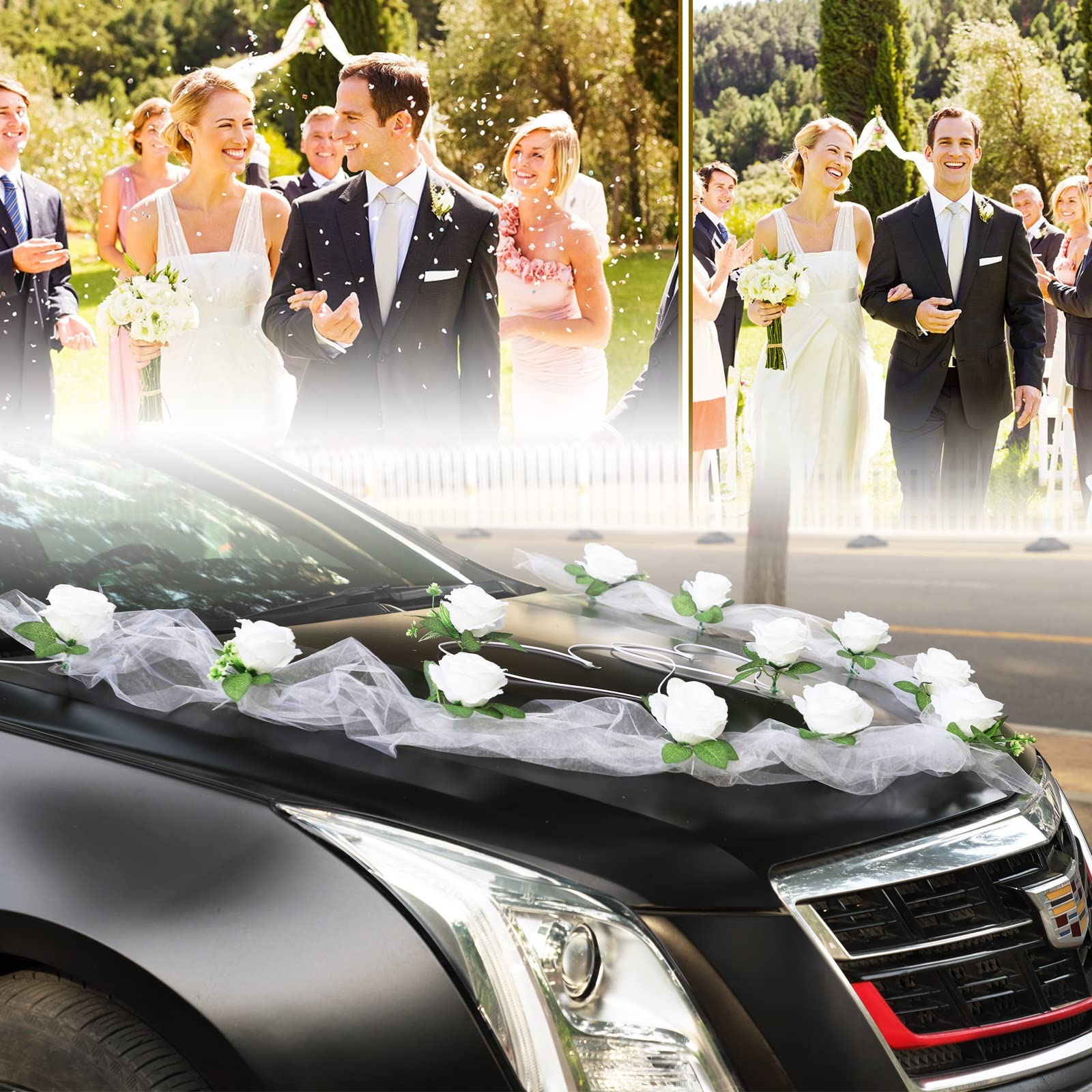YXCUIDP White Artificial Rose Wedding Car Flowers - Bridal Garland Car Decoration with Ribbon for Wedding Ceremony | Perfect for Vintage, Classic & Luxury Wedding Car Decorations
