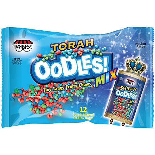 Kosher Certified Oodles Mix Flavored Tiny Tangy Fruity Chews Candy - 12 Torah Shaped Pouch Bags (Pack of 3) | Parve Kosher Candy for Hanukkah, Purim, Passover & Jewish Holidays | Perfect for Party Favors, Gift Baskets & Snacking