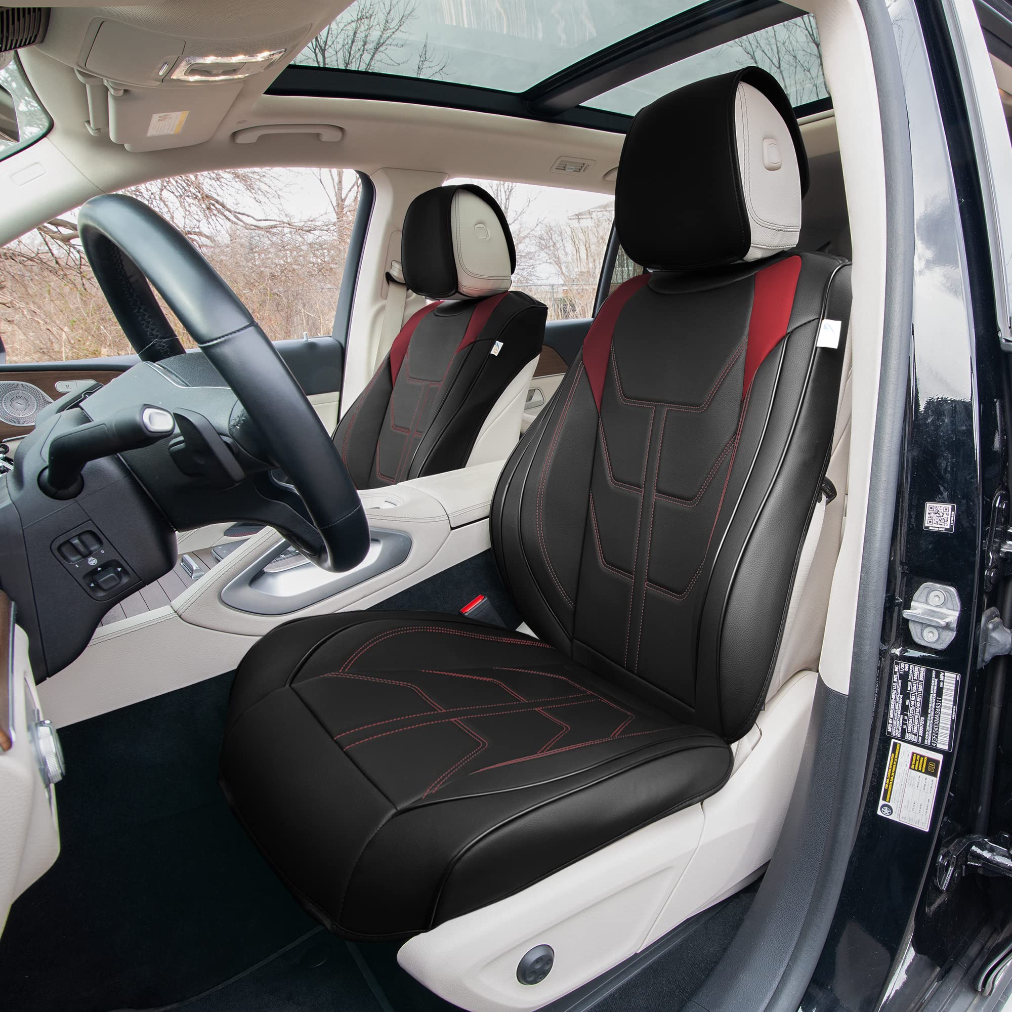 TLH Bionic70 Deluxe Faux Leather Burgundy Car Seat Covers (2-Pack) - Waterproof Universal Fit for Cars, Trucks & SUVs | Front Seat Protectors with Contrast Stitching | Perfect for Road Trips, Commuting & Pet Protection