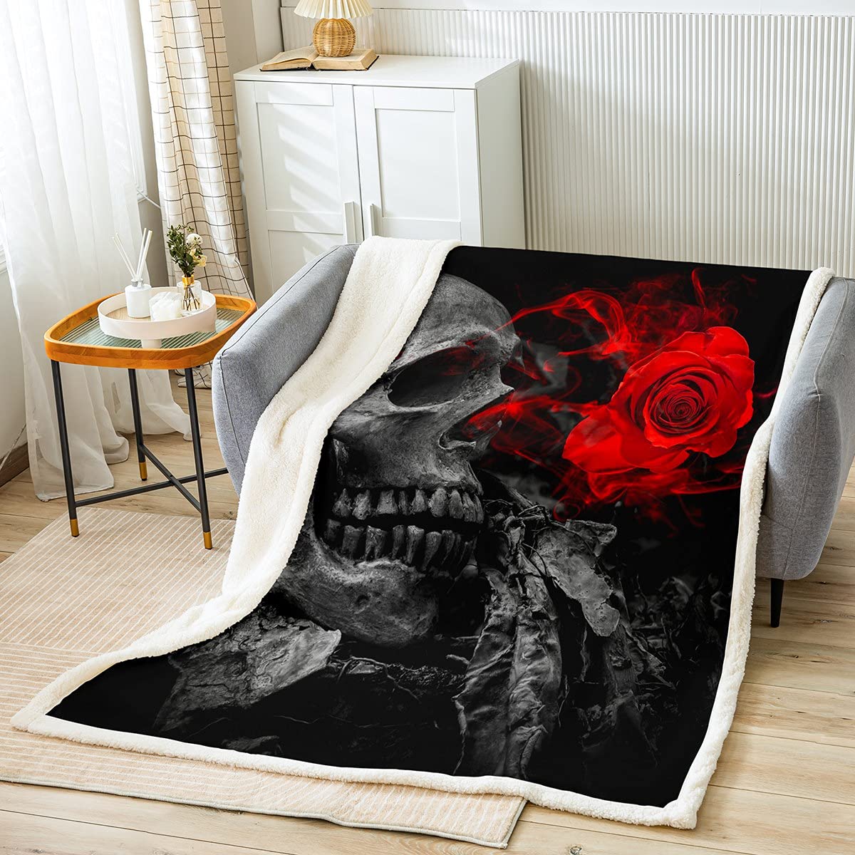 Gothic Skull Throw Blanket with Red Roses - Halloween Fleece Blanket for Bed & Couch (90x90 Inches Queen) | Soft, Warm & Lightweight Scary Skeleton Blanket for Adults, Women & Kids | Perfect for Halloween Decor, Cozy Nights & Spooky Gifts