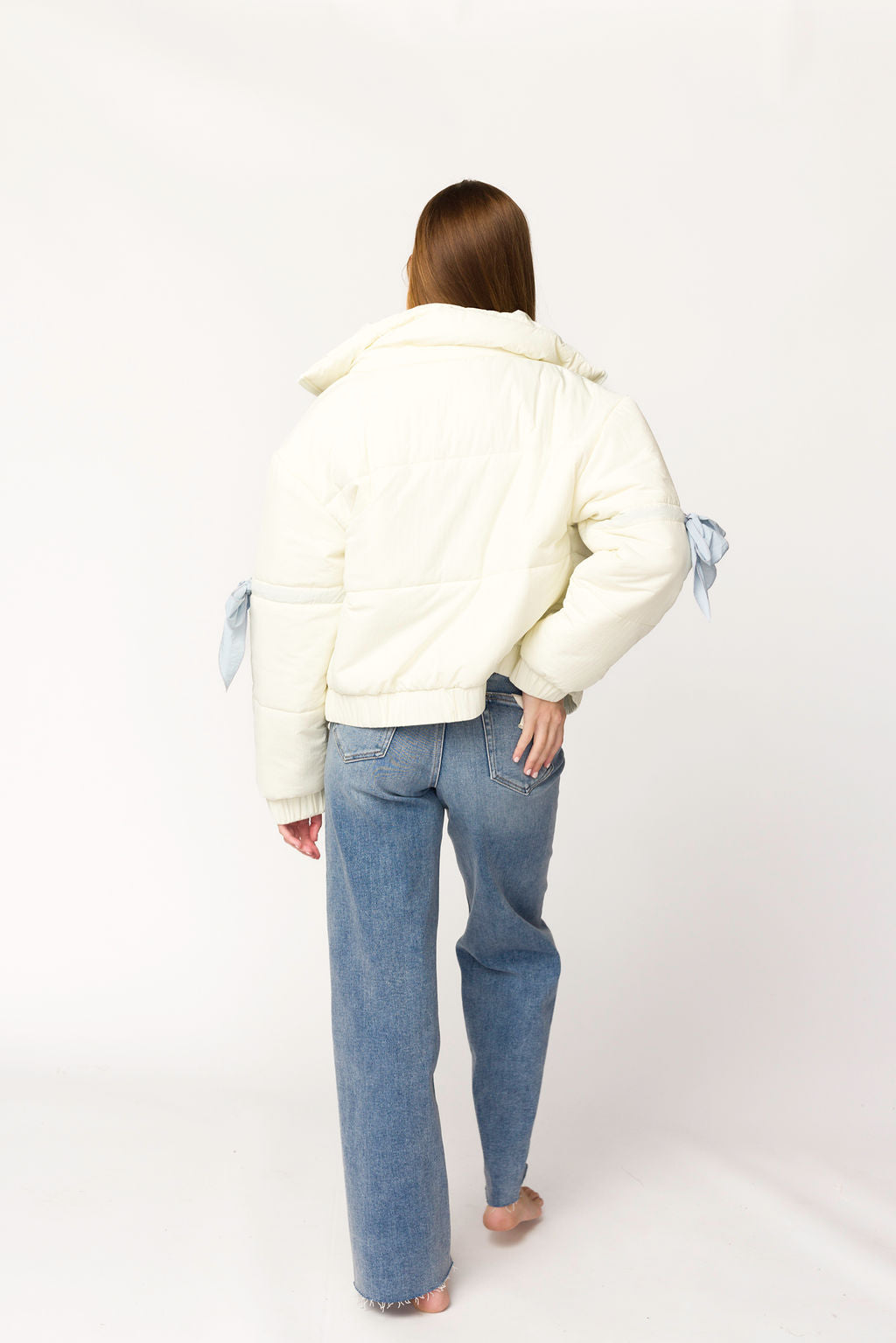 Andy Bow Cropped Puffer Jacket Women's Winter Coat - Lightweight Quilted Stand Collar Short Jacket in Bone White | Fashion Outerwear for Casual Outings, Street Style & Cold Weather