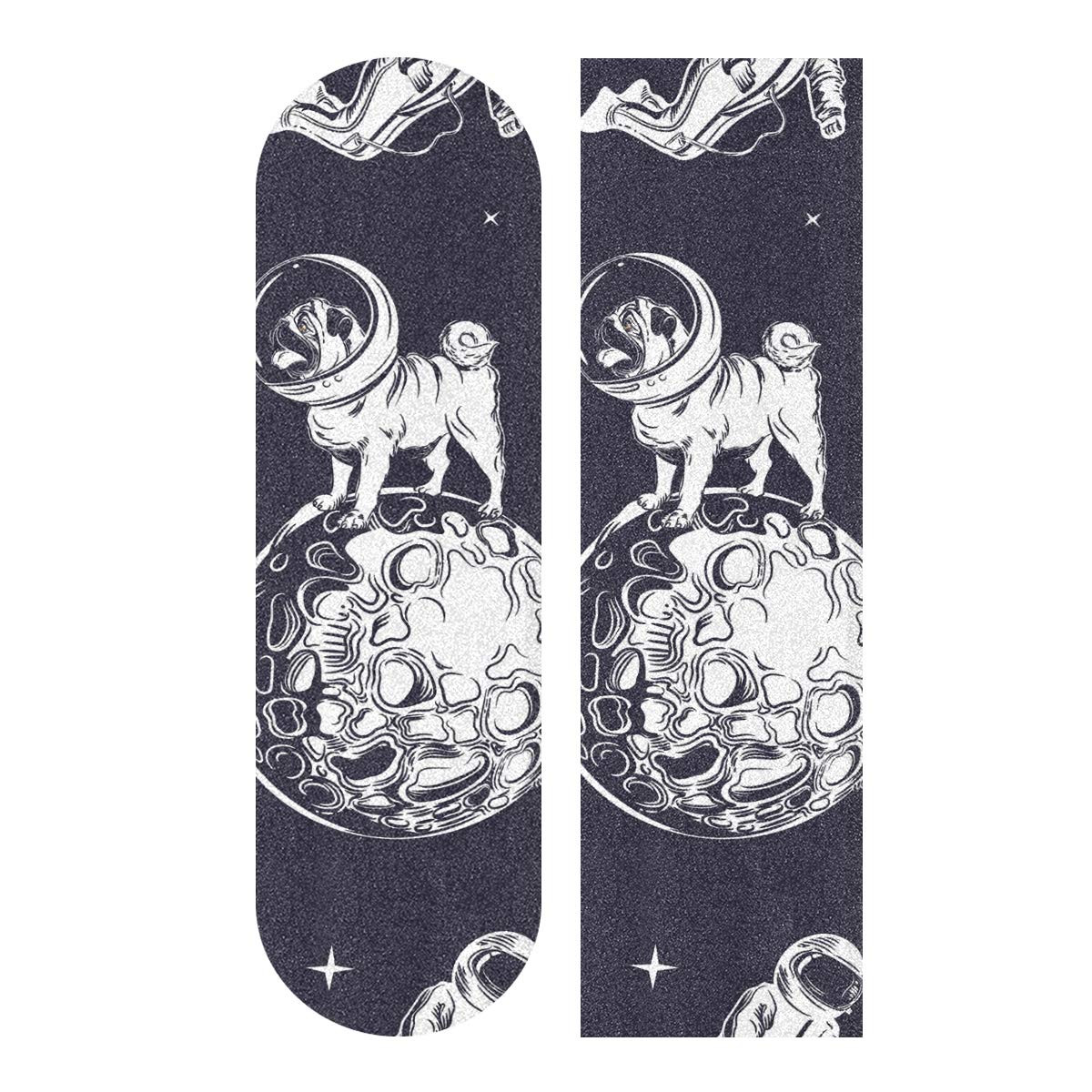 BECCI Pugs Space Astronauts Stars Skateboard Grip Tape - 9.1” x 33.1” Non-Slip, Bubble-Free, Easy Adhere, Tear-Proof Longboard Grip Tape Sandpaper | Perfect for Street Skateboarding, Cruising & Longboard Decks