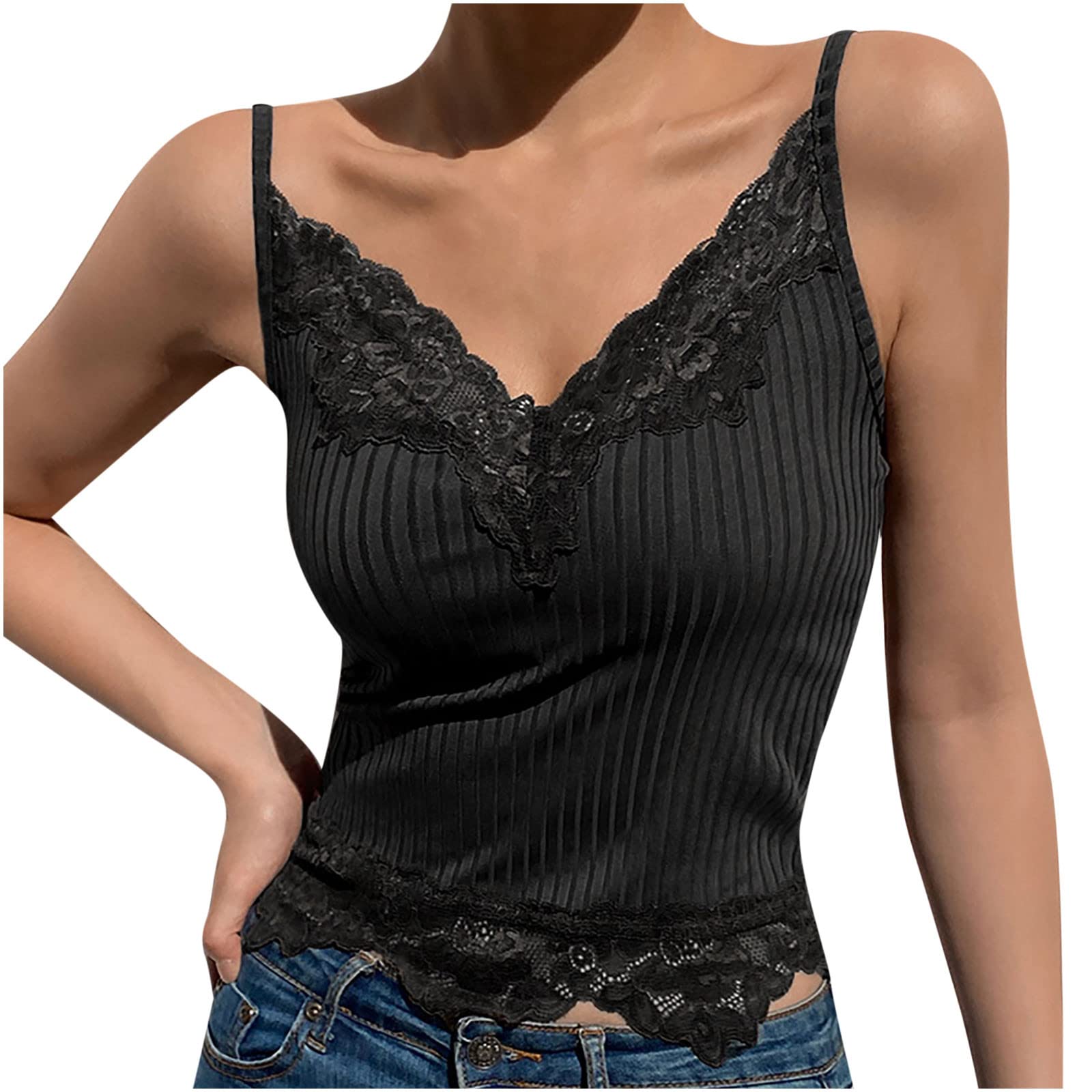 Women's Lace V-Neck Crop Top Camisole Vest - Sleeveless Slim Fit Summer Tank Top with Lace Detail | Perfect for Casual Outings, Beach Wear & Layering