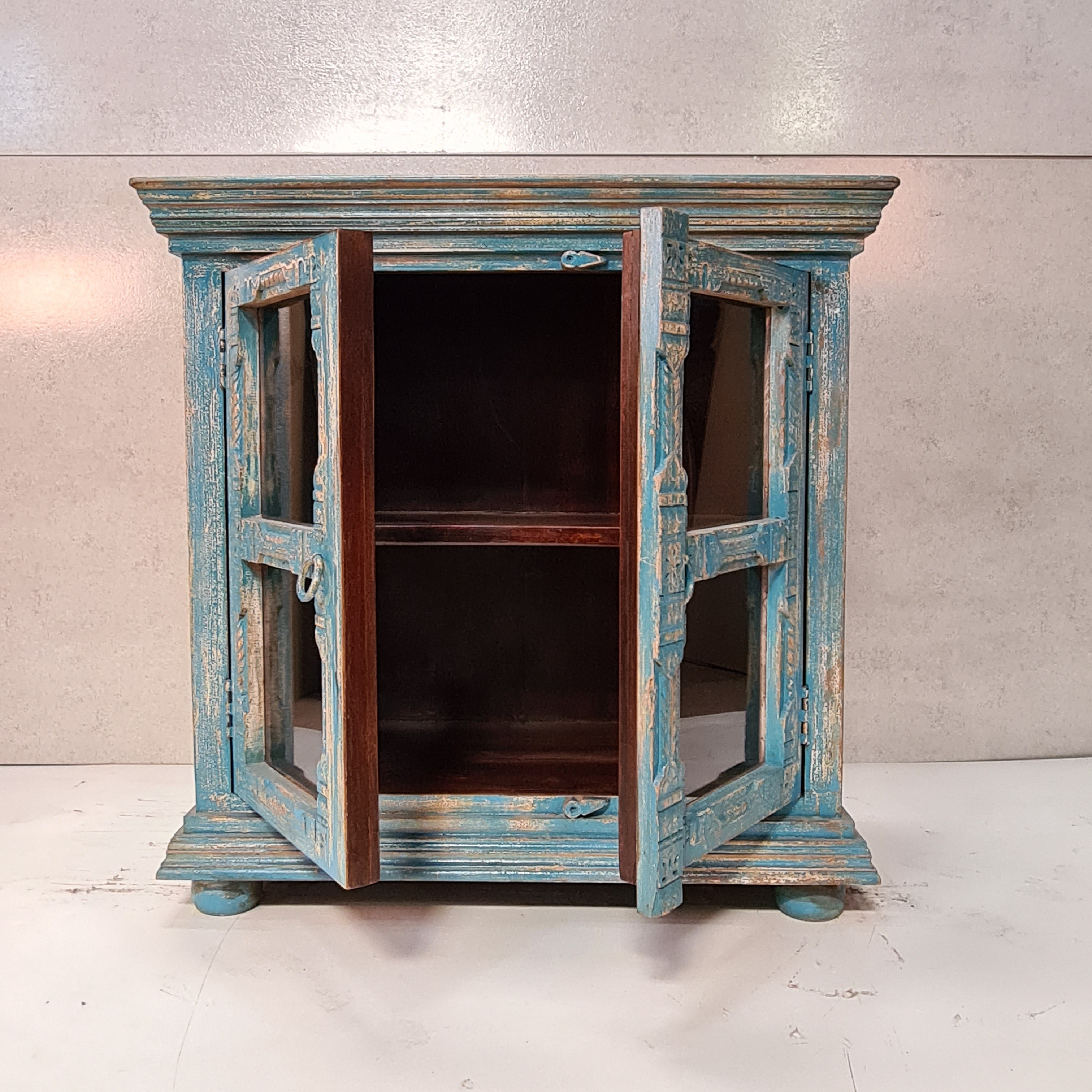 Handcrafted Indian Solid Hardwood Carved Cabinet with 2 Doors - Blue, 96x45x97cm - Perfect for Living Room, Bedroom & Home Office Storage