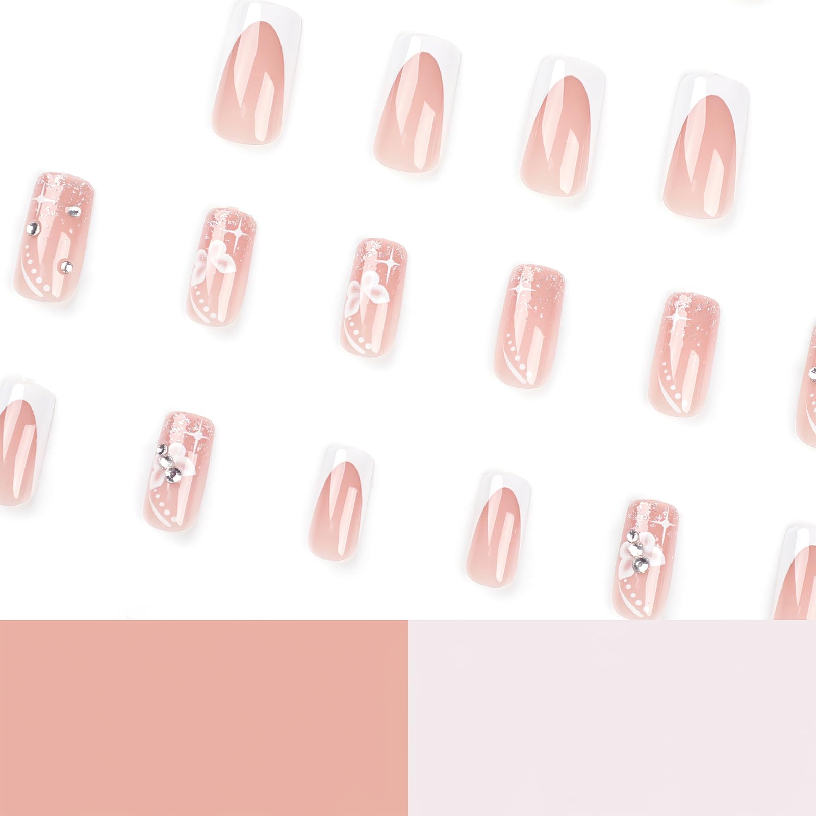 24Pcs French Tip Press on Fake Nails - Medium Square Glossy Full Cover False Nails with Butterfly Rhinestone Designs, Cute White French Manicure Glue on Nails for Women & Girls | Perfect for Parties, Weddings, Date Nights & Special Occasions