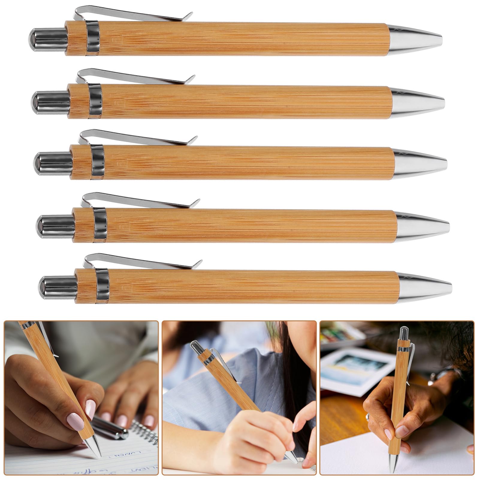 Premium Bamboo Ballpoint Pens - 5 Pack Retractable Smooth Writing Pens for School, Office & Journaling | Eco-Friendly Wooden Pens for Gifts, Note Taking & Everyday Use