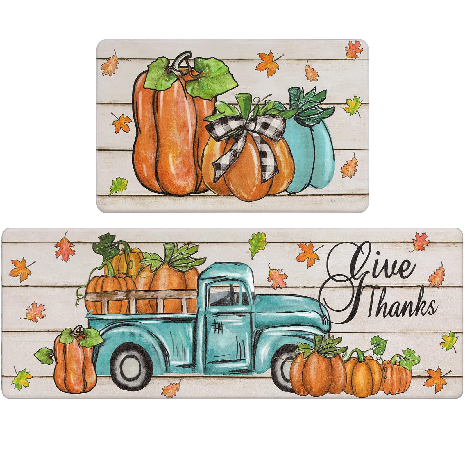 Pauwer Fall Kitchen Rugs Set of 2 - Non-Slip Anti-Fatigue Cushioned Floor Mats with Pumpkin Truck Design, Farmhouse Style Kitchen Runner Rug for Fall Harvest & Thanksgiving Decor - Perfect for Cozy Farmhouse Kitchens, Entryways, and Seasonal Home Decor