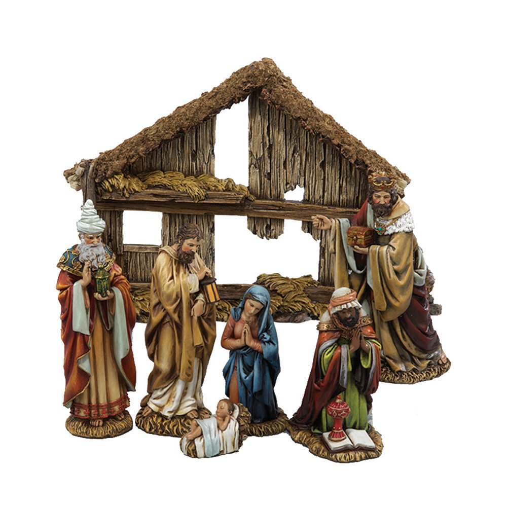 Kurt Adler 6-Inch Resin Nativity Set of 7 Pieces - Christmas Home Decor, Holiday Tabletop Display, Religious Figurines for Mantel & Shelf Decoration