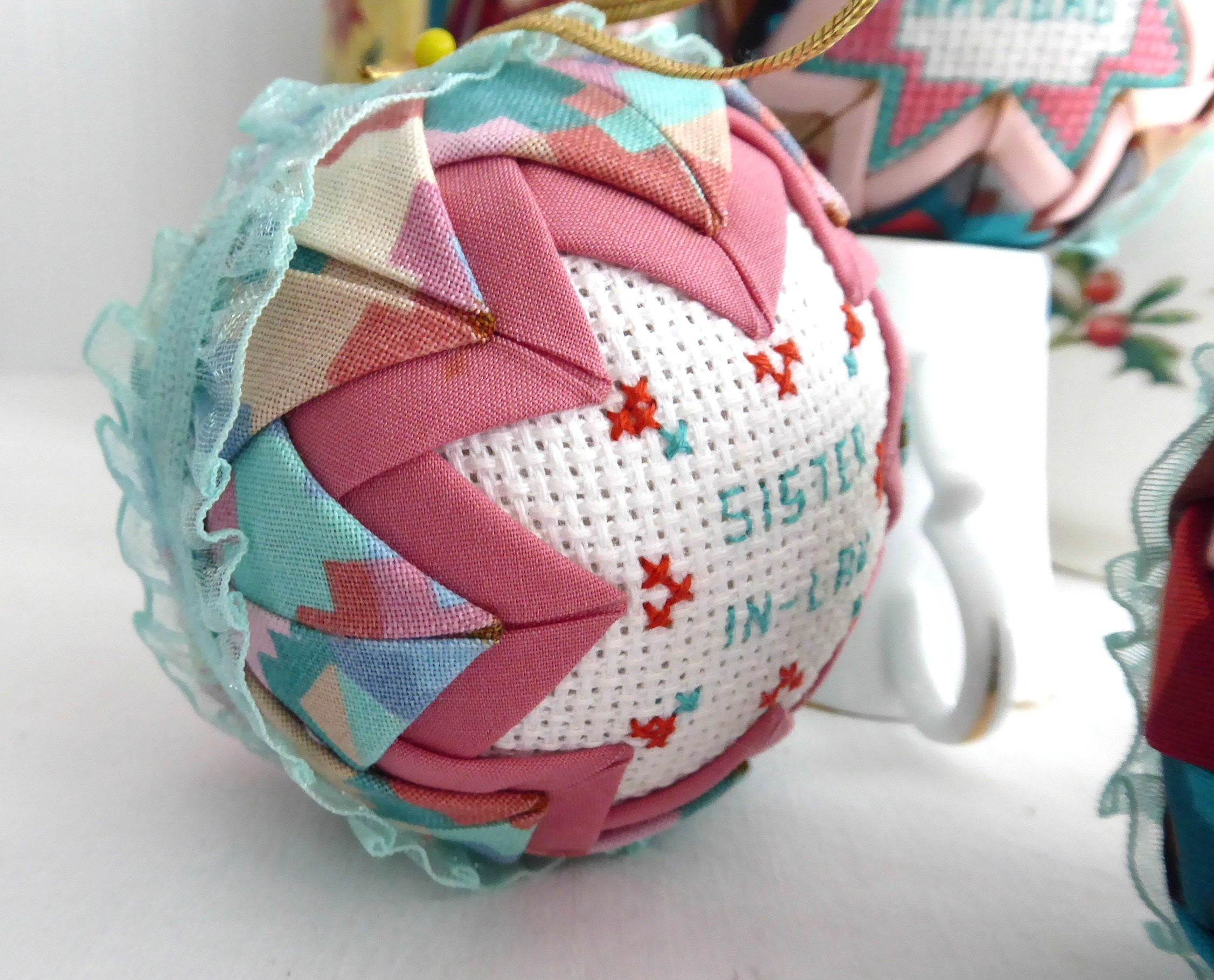 Handmade Cross Stitch Christmas Ornaments Set of 5 - Aqua, Salmon Pink & Burgundy Patchwork Decorations for Holiday Tree, Gift Giving & Festive Home Decor