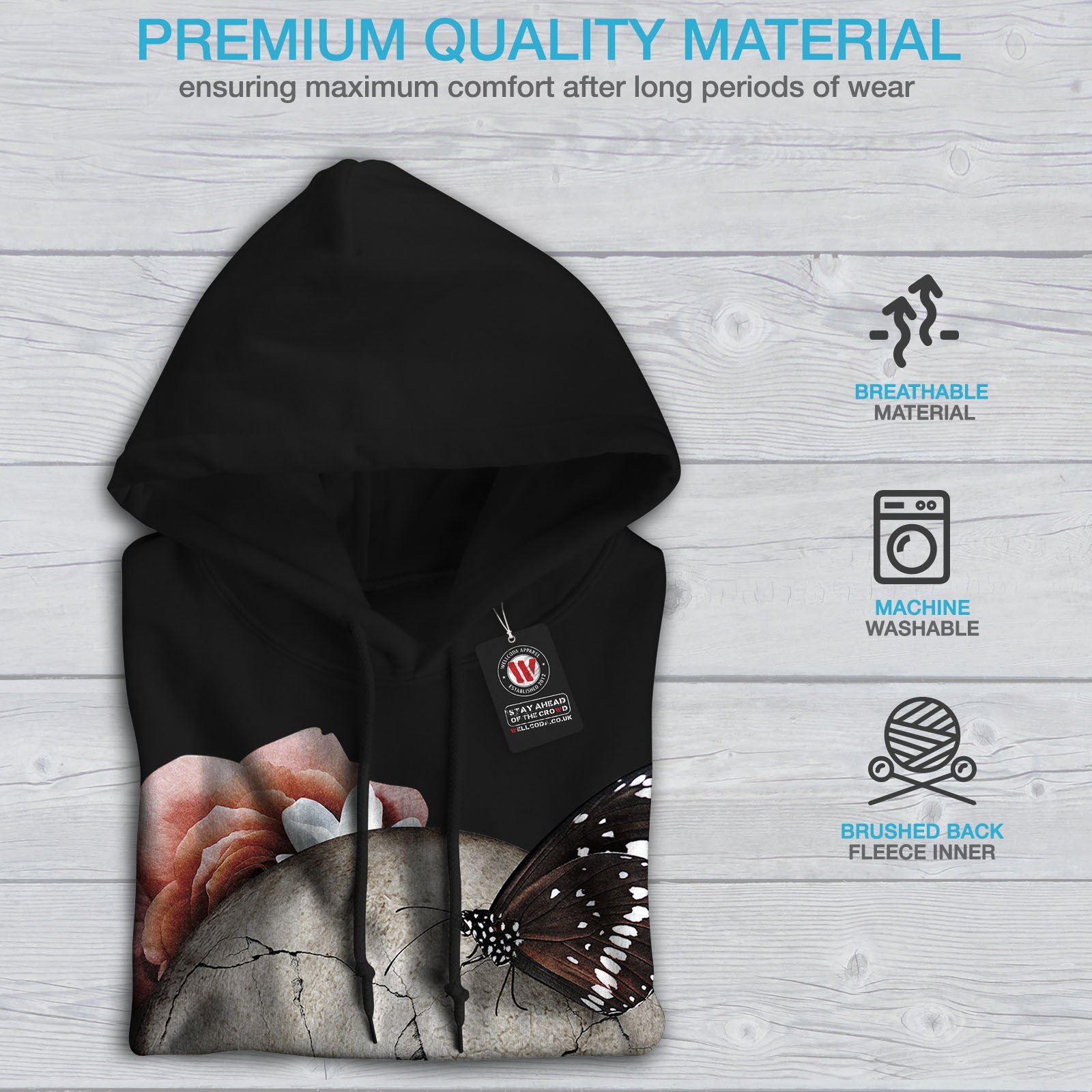 Wellcoda Men's Skull Rose Print Hoodie - Gothic Streetwear Pullover for Concerts, Halloween & Casual Wear | Soft Cotton Blend Hooded Sweatshirt for Men
