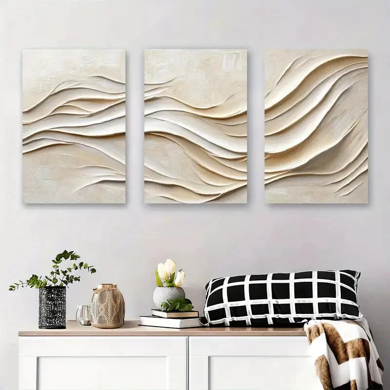 3-Piece Abstract Beige Textured Contemporary Metal Wall Art - Ready to Hang Modern Home Decor for Living Room, Bedroom & Office