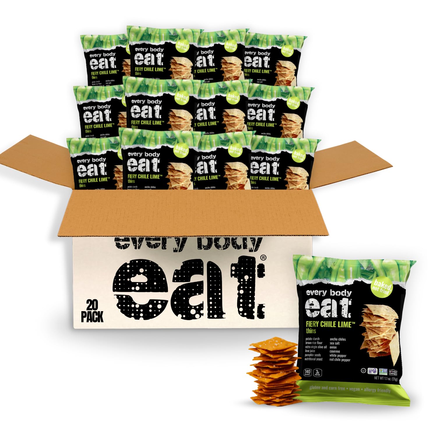 Every Body Eat Snack Thins - Fiery Chile Lime Flavor | Gluten Free, Dairy Free, Vegan Snacks | Perfect for School Lunches & On-the-Go (20 Single Serve Packs) | Great for Office Snacking, Road Trips & Healthy Lifestyle