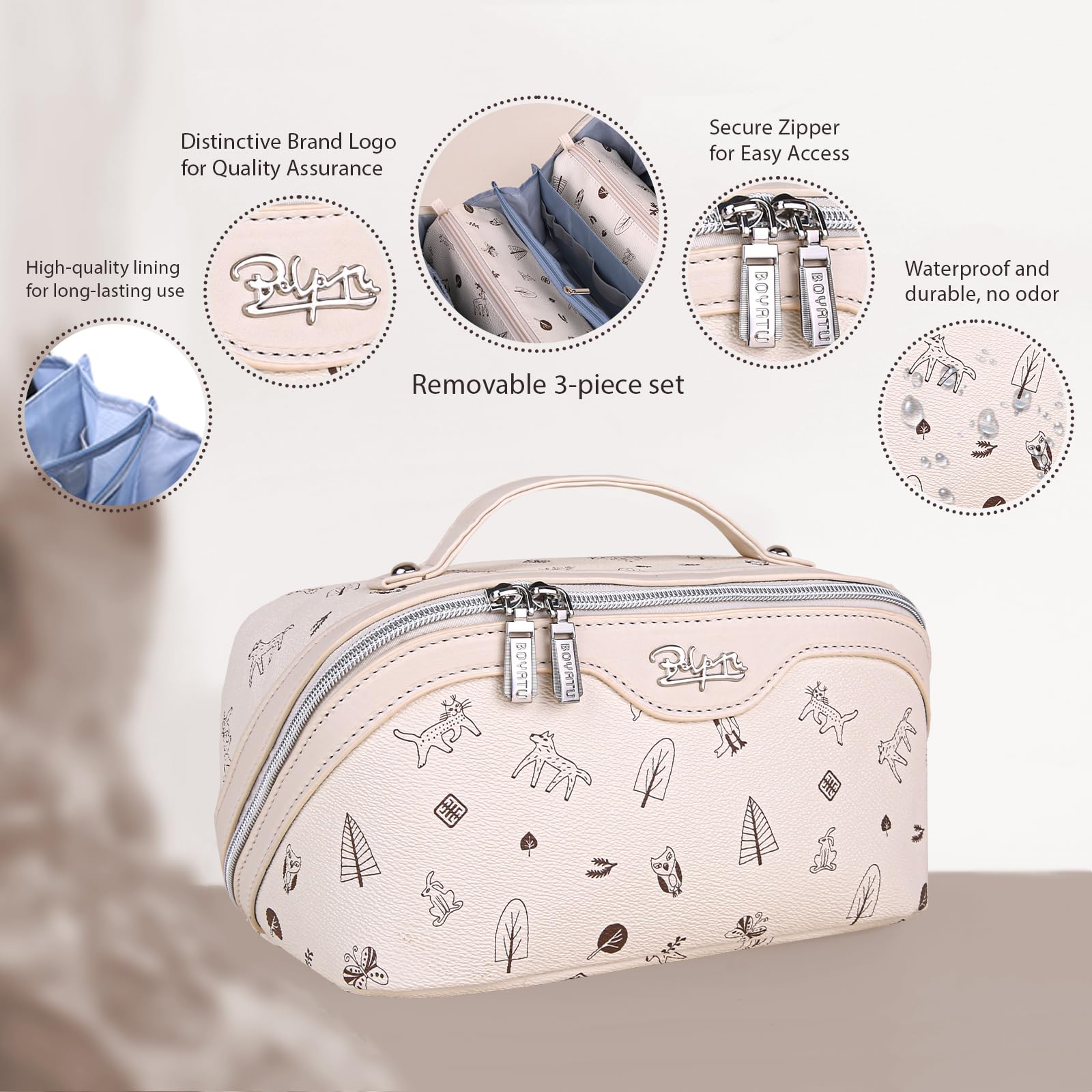 BOYATU 3-Piece Large Travel Makeup Bag Set for Women - Waterproof PU Leather Cosmetic Organizer with Compartments, Handle & Divider - Portable Toiletry Bag for Vacation, Gym & Daily Use (Off-white)