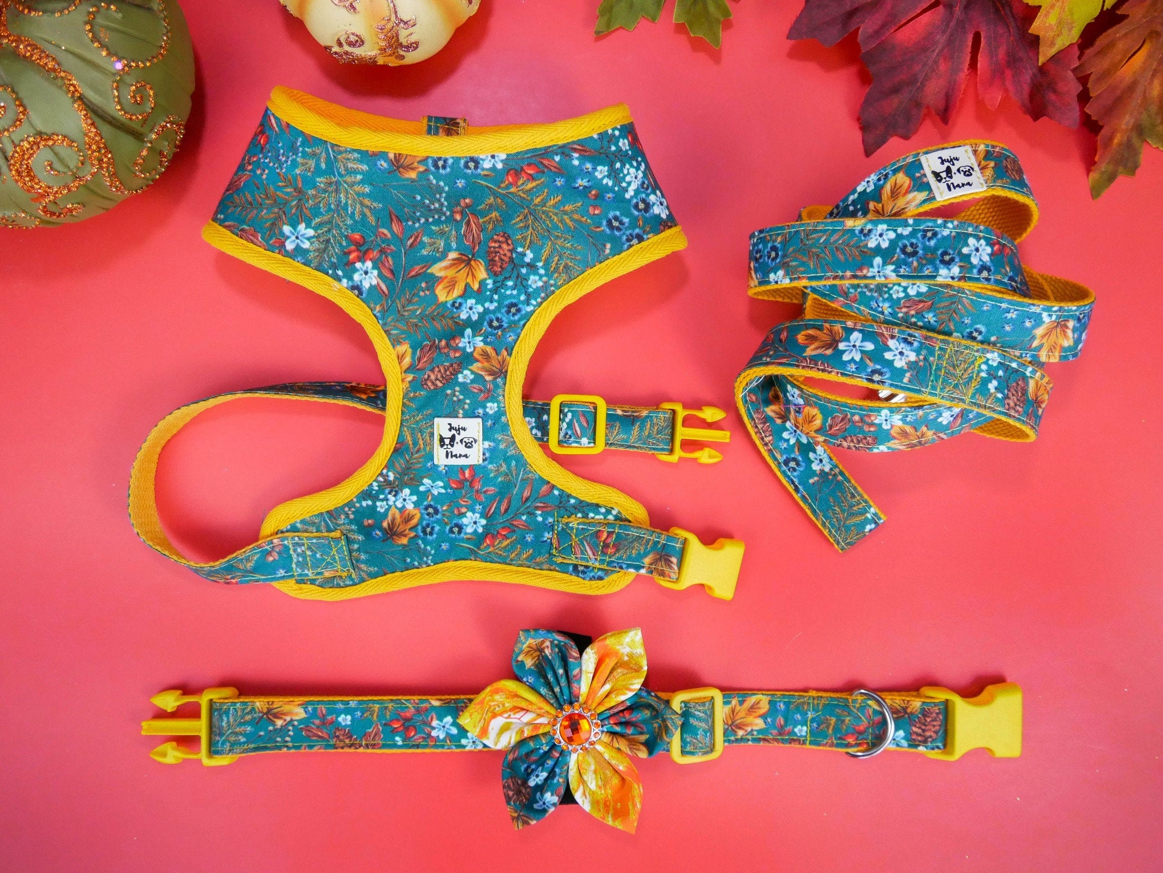 Autumn Leaves Dog Harness with Yellow Trim - Durable & Stylish Pet Walking Gear for Small & Medium Dogs - Perfect for Fall Walks & Outdoor Adventures