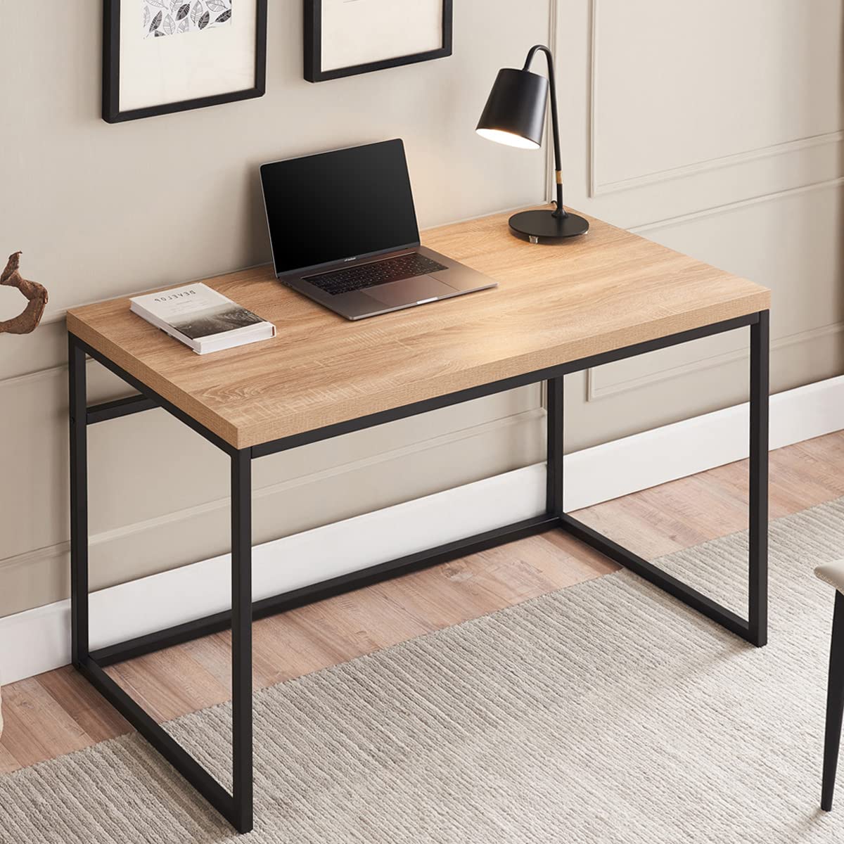 CENSI 47 Inch Natural Oak Writing Computer Desk - Modern Industrial Style Home Office Desk with Wood and Metal Frame (Light Wood) - Perfect for Small Spaces, Gaming Setup & Remote Work