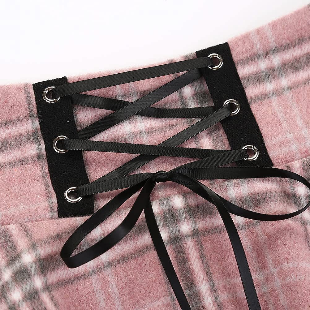 Women's Warm Wool Plaid Mini Skirt - High Waisted Lace Up Pleated Skater Skirt for Winter Fashion | Perfect for Holiday Parties, Office Wear & Casual Outfits