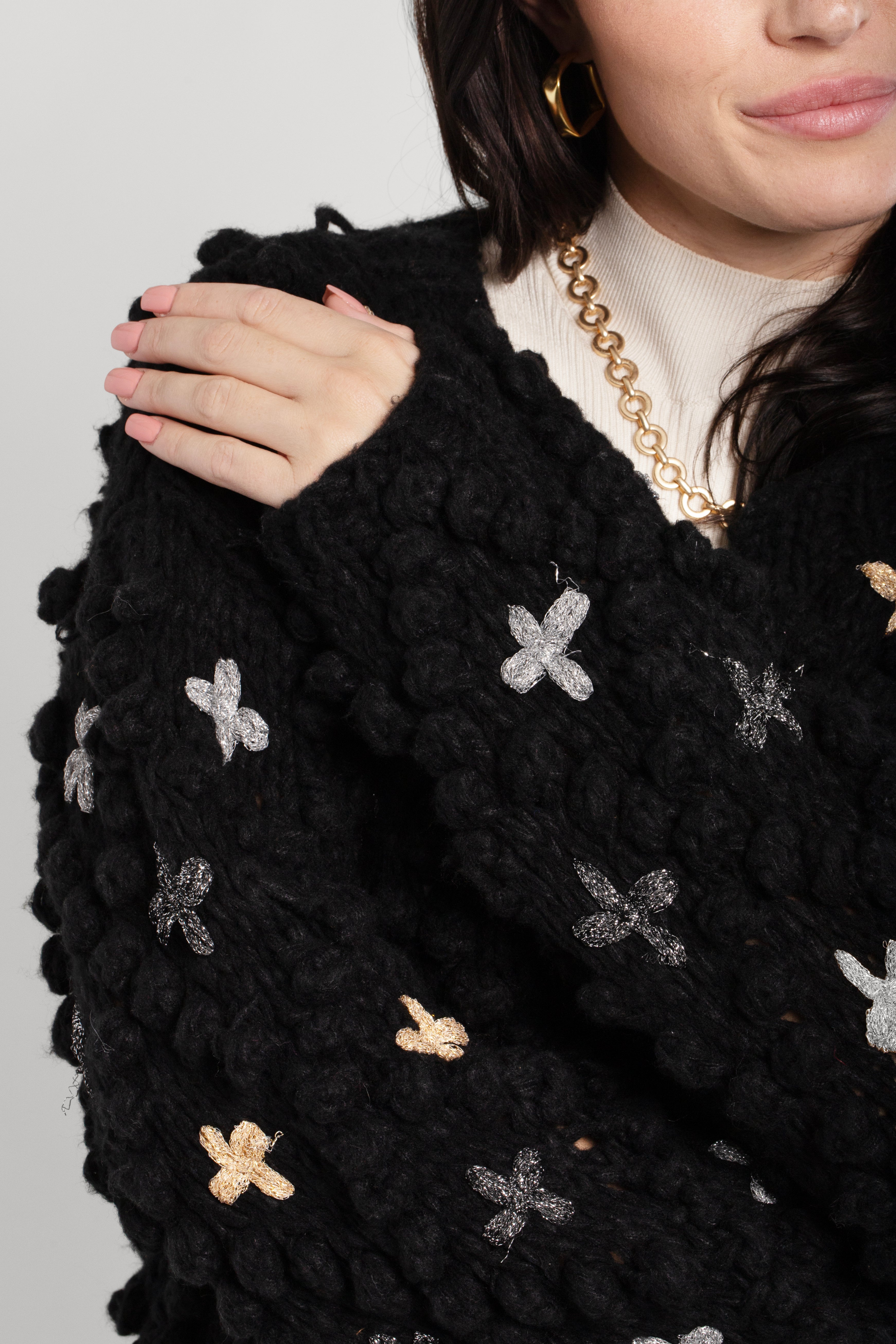 Cozy Knitted Cardigan with Cross Pom Pom Details - Soft Warm Women's Sweater for Fall & Winter - Perfect for Casual Outfits and Layering