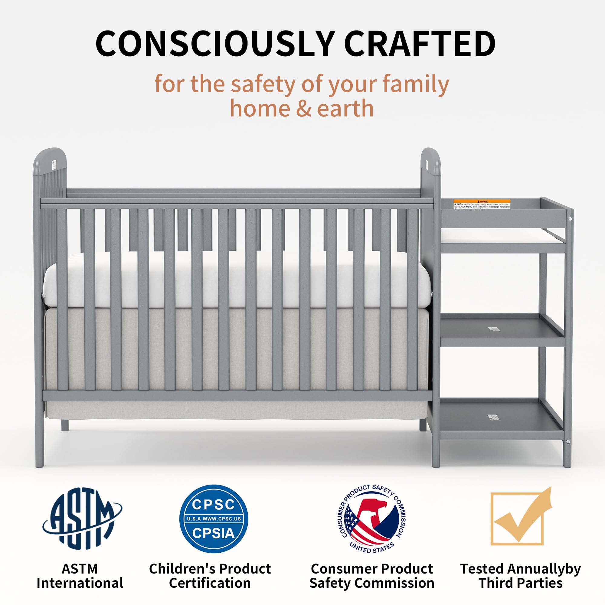 3-in-1 Convertible Baby Crib with Changing Table - Full Size Wooden Crib Converts to Toddler Bed & Daybed - Nursery Furniture with Storage Space, 3 Adjustable Mattress Heights, Non-Toxic Finish (Storm Grey) - Perfect for Small Nursery Rooms & Growing Toddlers