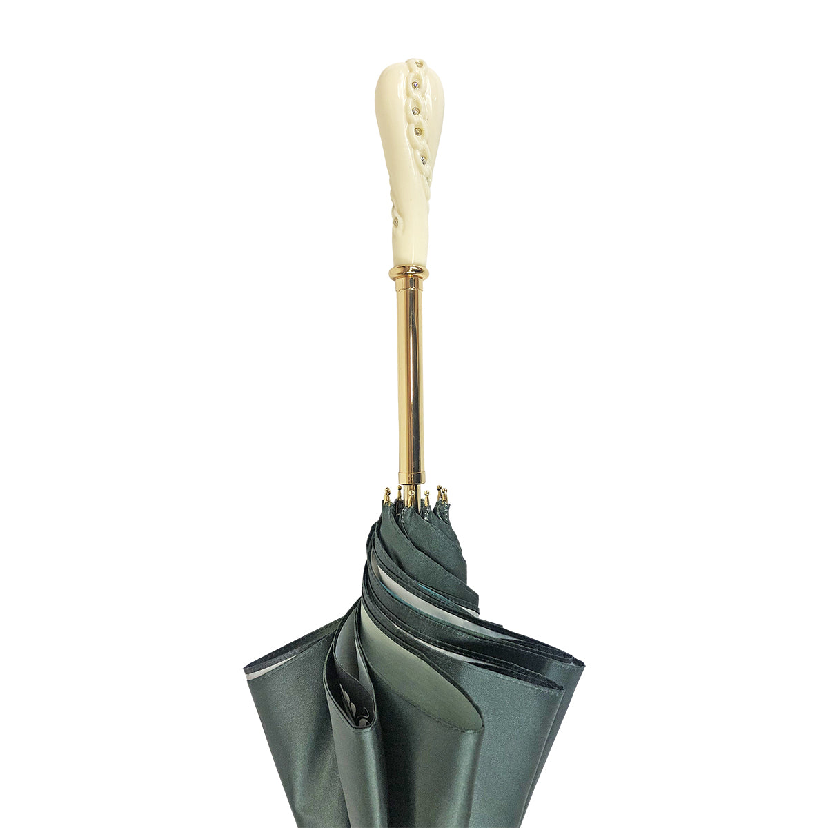 Elegant Dark Green Umbrella with Roses & Cream Knob - Stylish Rain Protection for Women, Outdoor Events & Fashion Accessories