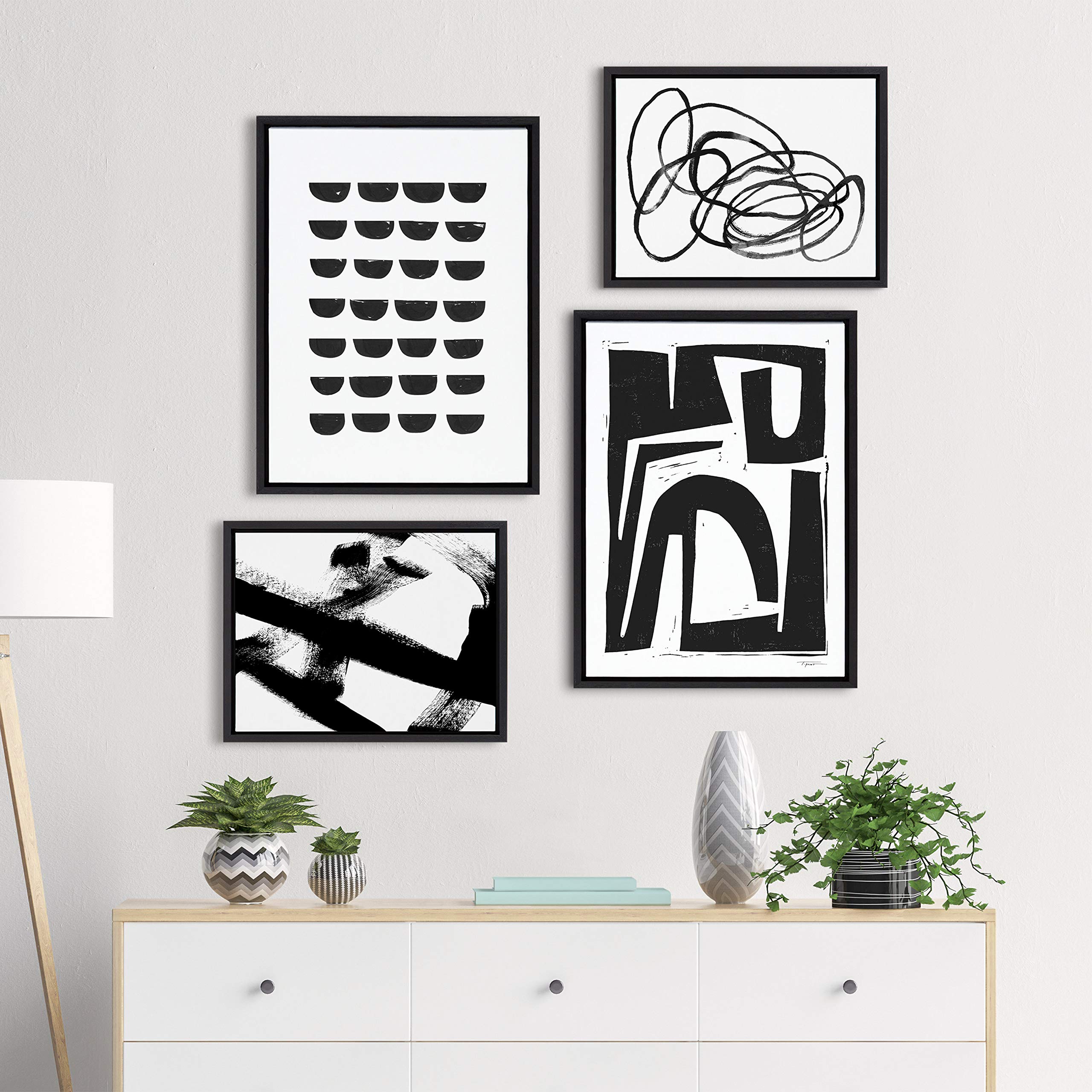 Modern Abstract Framed Canvas Wall Art Set - 4 Piece Black & White Collection by Teju Reval, Amy Lighthall & Nikki Chu | Contemporary Home Decor for Living Room, Bedroom & Office