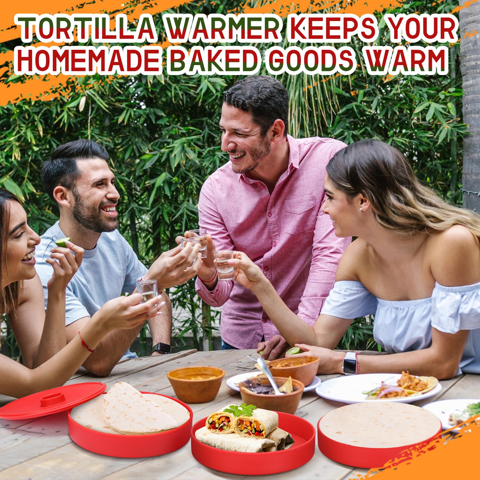 Nuogo 4-Pack 7.2 Inch Tortilla Warmers - Red Microwave & Dishwasher Safe Tortilla Storage Containers with Lids - Large Taco & Pancake Warmer for Keeping Food Warm - Perfect for Taco Nights, Breakfast Buffets & Meal Prep