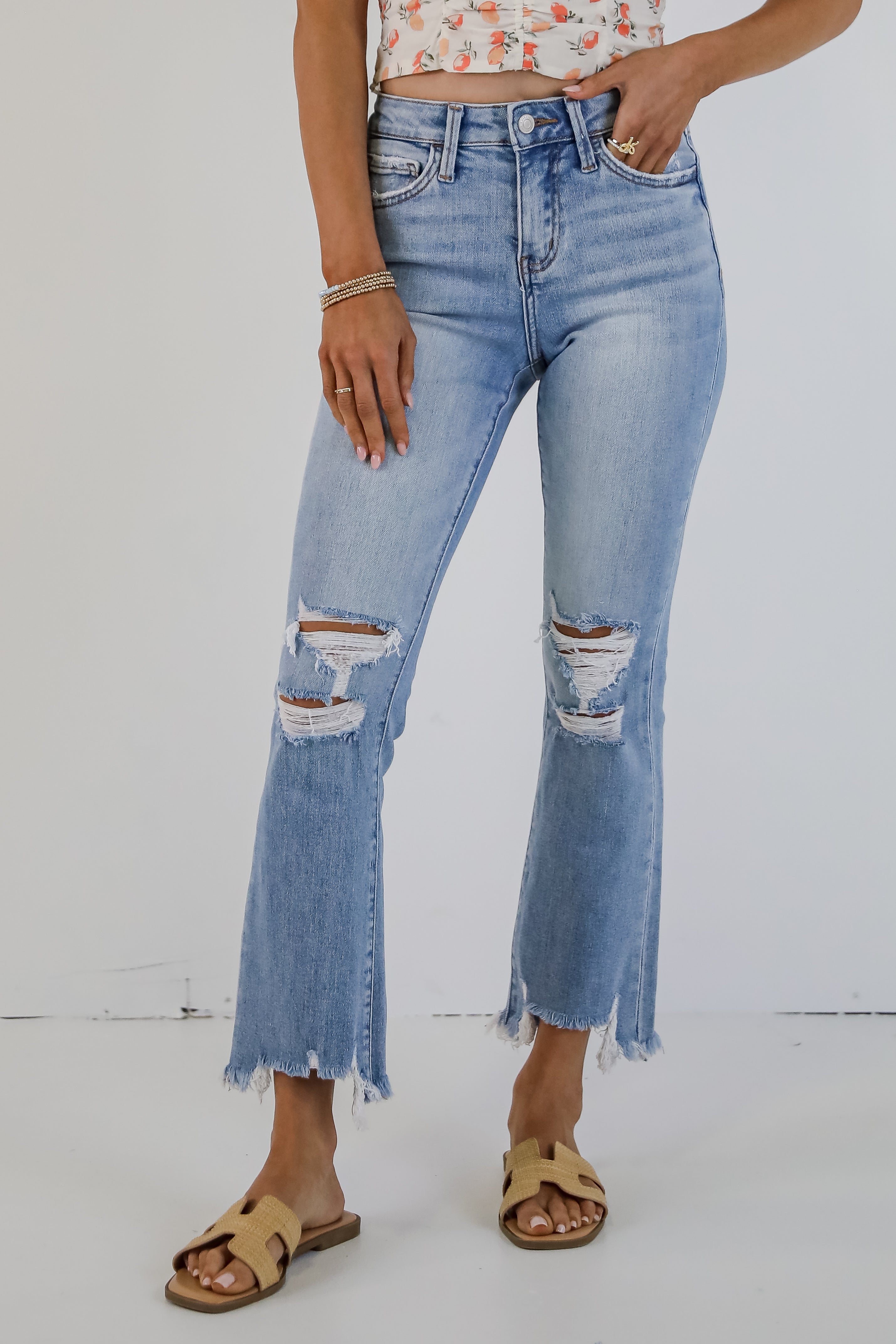 Cindy Light Wash Distressed Crop Flare Jeans for Women - Vintage High Waisted Stretch Denim Pants - Perfect for Casual Outfits, Streetwear & Retro Fashion