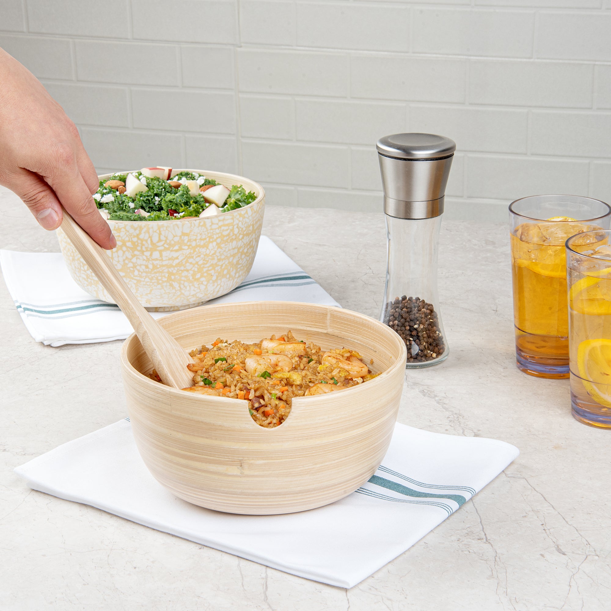 Bambuddha 25 oz Round Natural Bamboo Serving Bowl with Spoon - Eco-Friendly, Durable 7.75