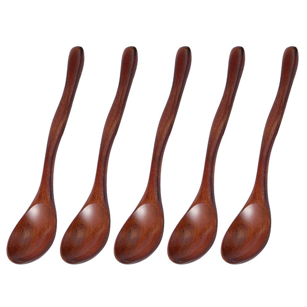5-Piece Wooden Spoons Set - Long Handle Kitchen Utensils for Cooking, Baking & Serving - Perfect for Soup, Salad, Dessert, Cereal, Chips & Snacks - Eco-Friendly Cutlery for Home & Restaurant Use
