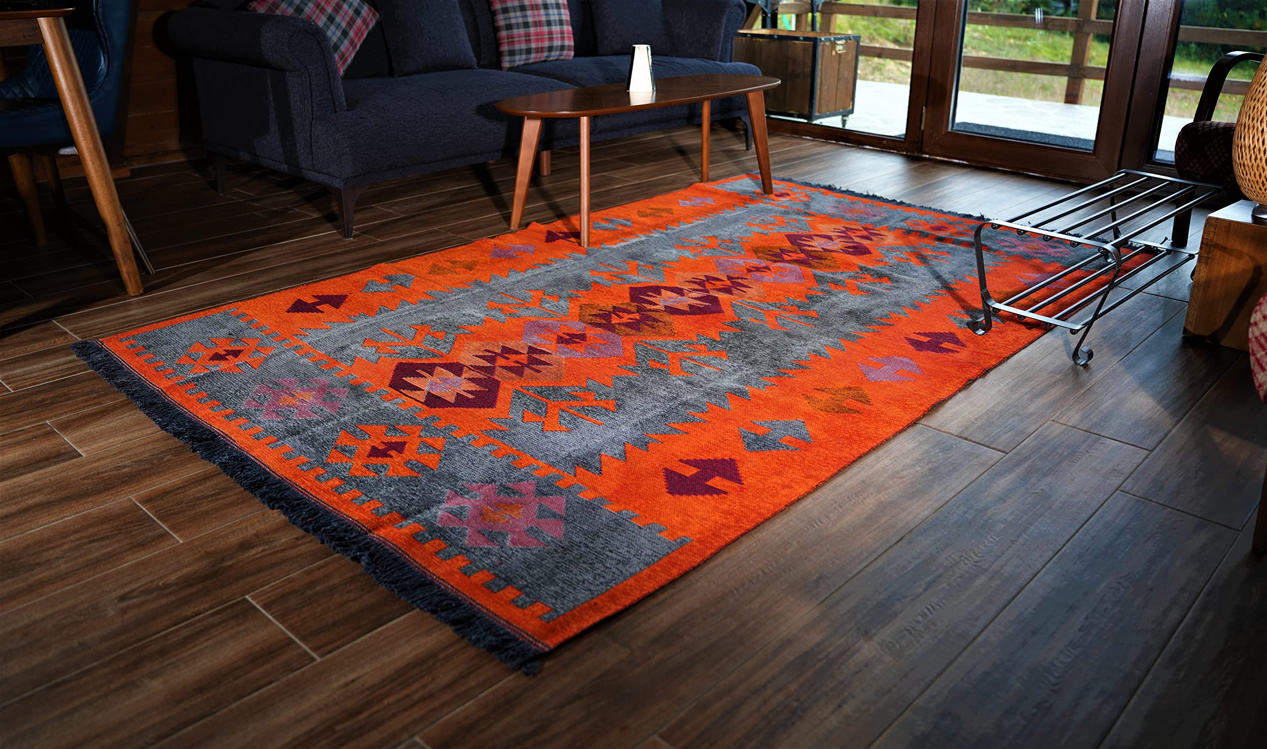 Modern Bohemian Style Cotton Washable Reversible Area Rug 5'x8' (60x100 Inch) - Charcoal Grey & Orange | Secret Sea Collection | Perfect for Living Room, Bedroom or Boho Home Decor