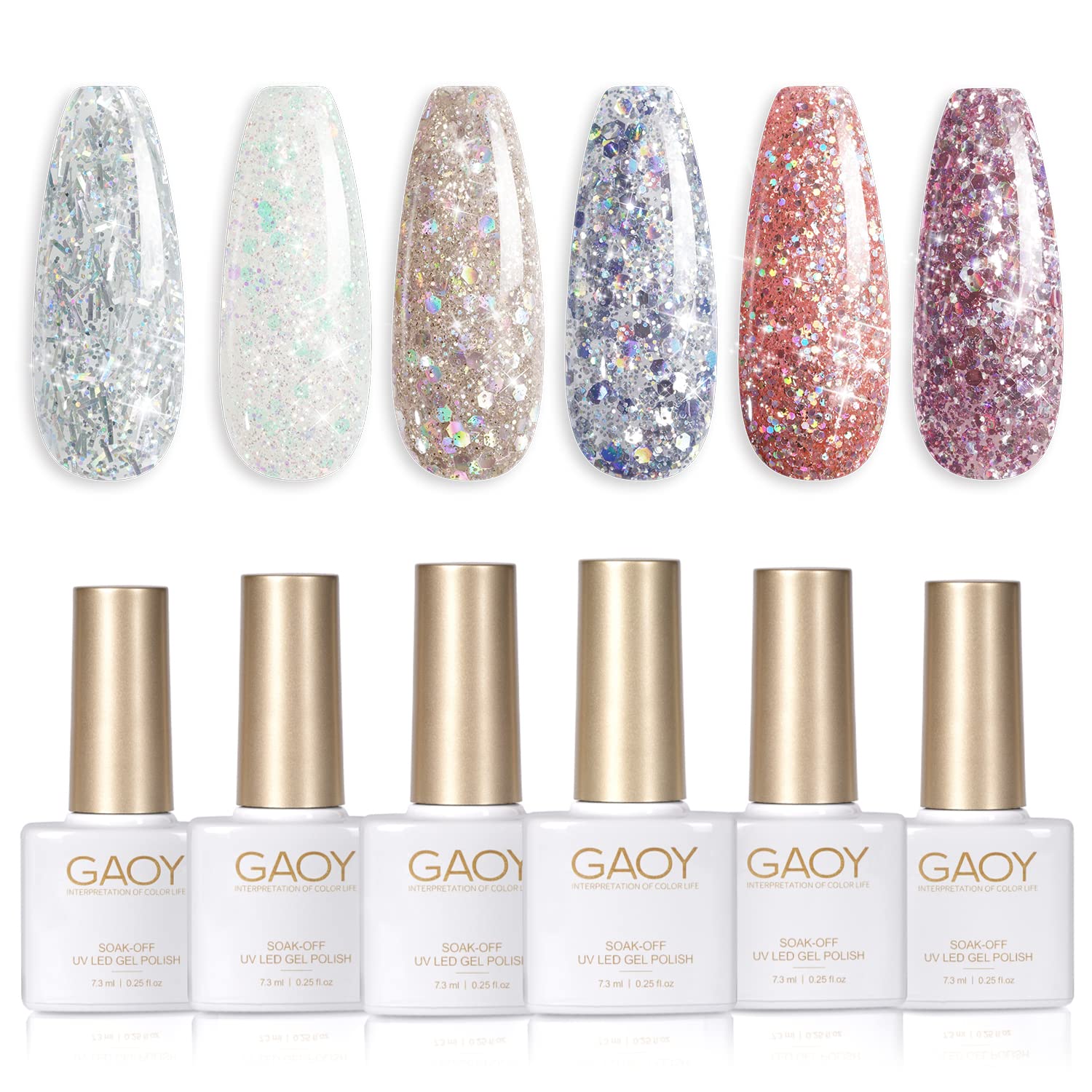 GAOY Glitter Inspire Gel Polish Kit Set - 6 Colors UV LED Soak Off Nail Polish (Pink Nude Included) for Home DIY Manicure & Salon Use | Long Lasting Shine for Parties, Weddings & Special Occasions