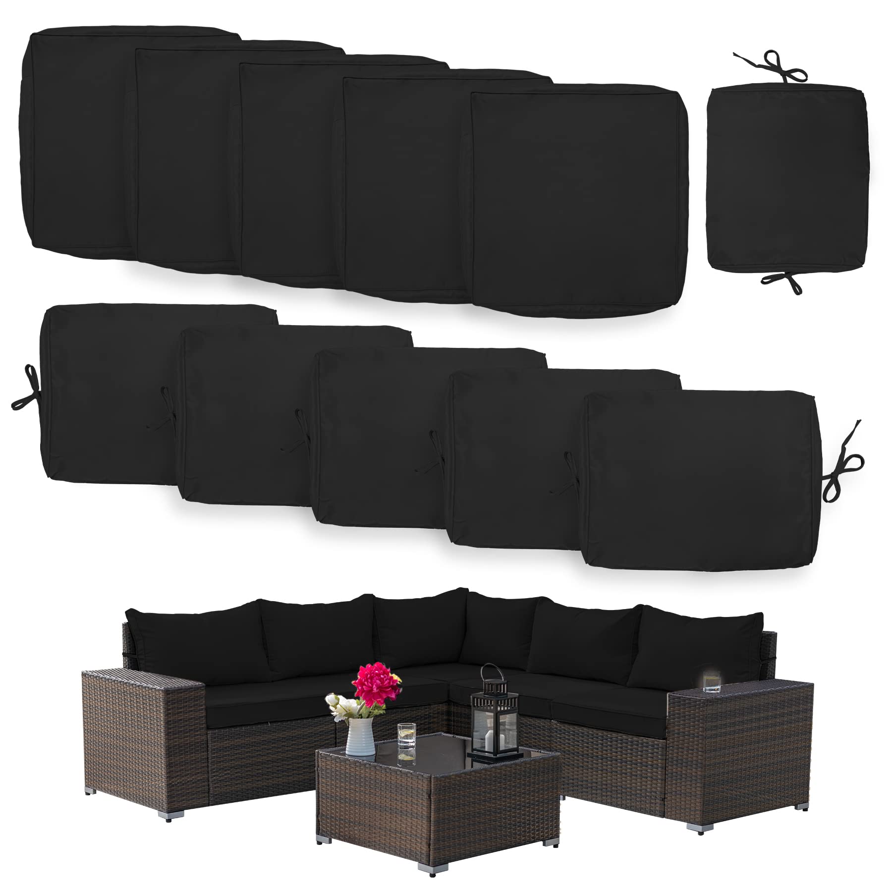 11-Piece Outdoor Cushion Covers Set - Waterproof Patio Furniture Replacement Covers for Sofa, Chair & Pillow - Durable UV-Resistant Fabric - Perfect for Backyard, Deck, Poolside (Black)