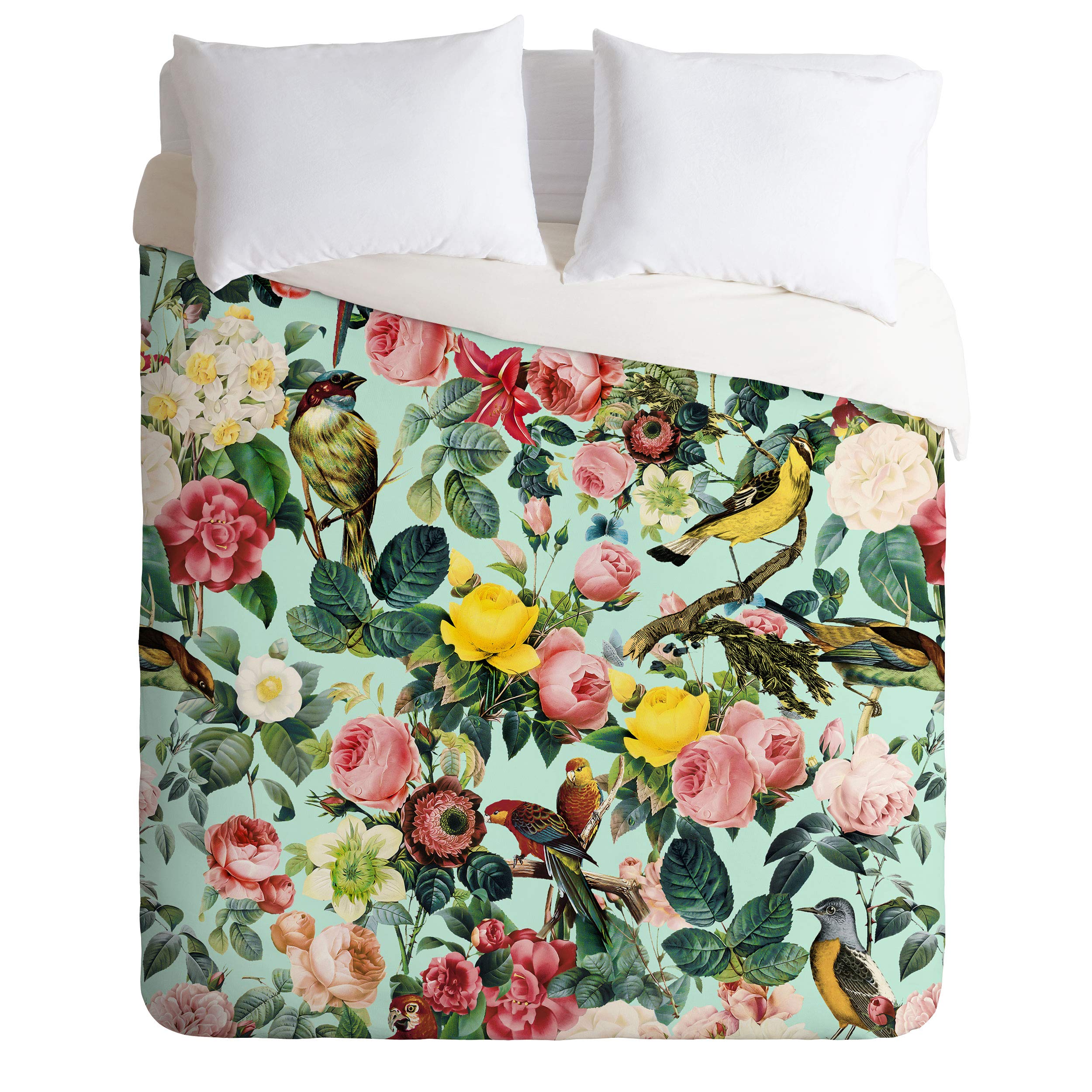 Floral & Birds Duvet Cover Set - Full/Queen with Pillow Shams for Bedroom Decor