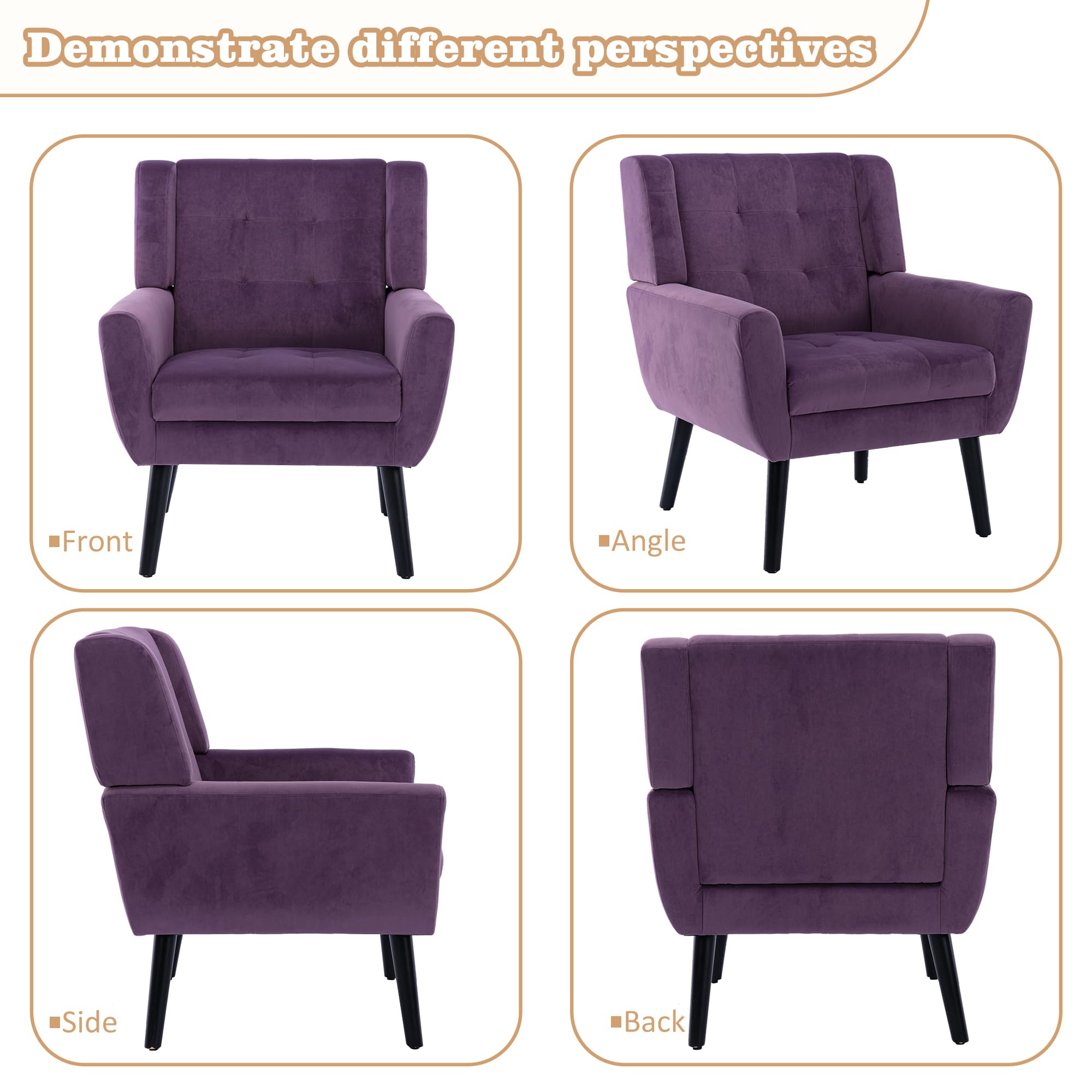 Luxury Velvet Accent Chair with Tufted Upholstery & Solid Wood Legs - Modern Armchair for Living Room, Bedroom or Reading Nook - Comfortable Single Sofa (2 Pack, Lavender Purple) - Perfect for Home Decor, Lounge Relaxation & Cozy Reading Spaces
